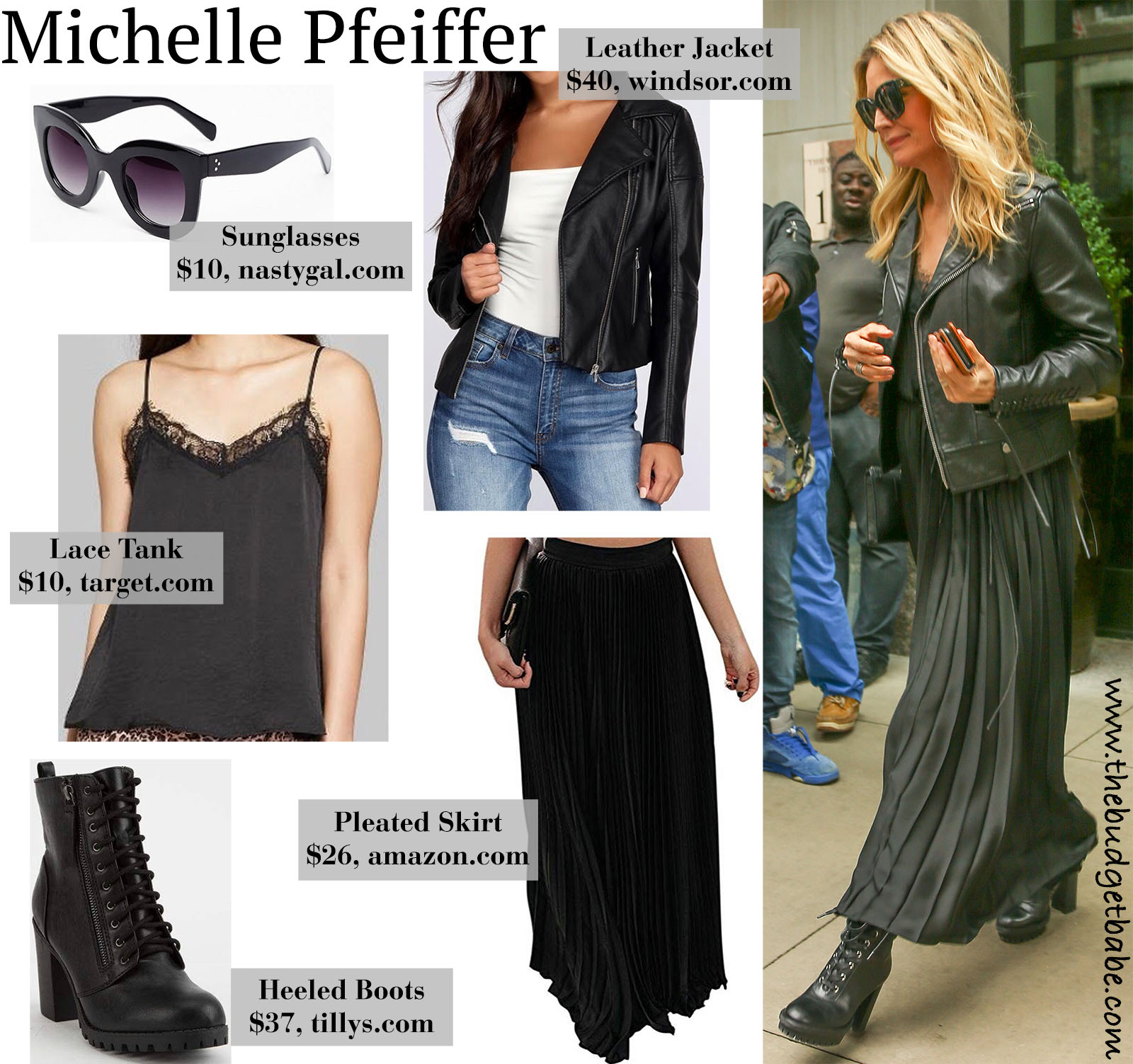 Actress Michelle Pfeiffer looks sexy in a black leather moto jacket, lace cami tank, pleated maxi skirt, and heeled combat boots!