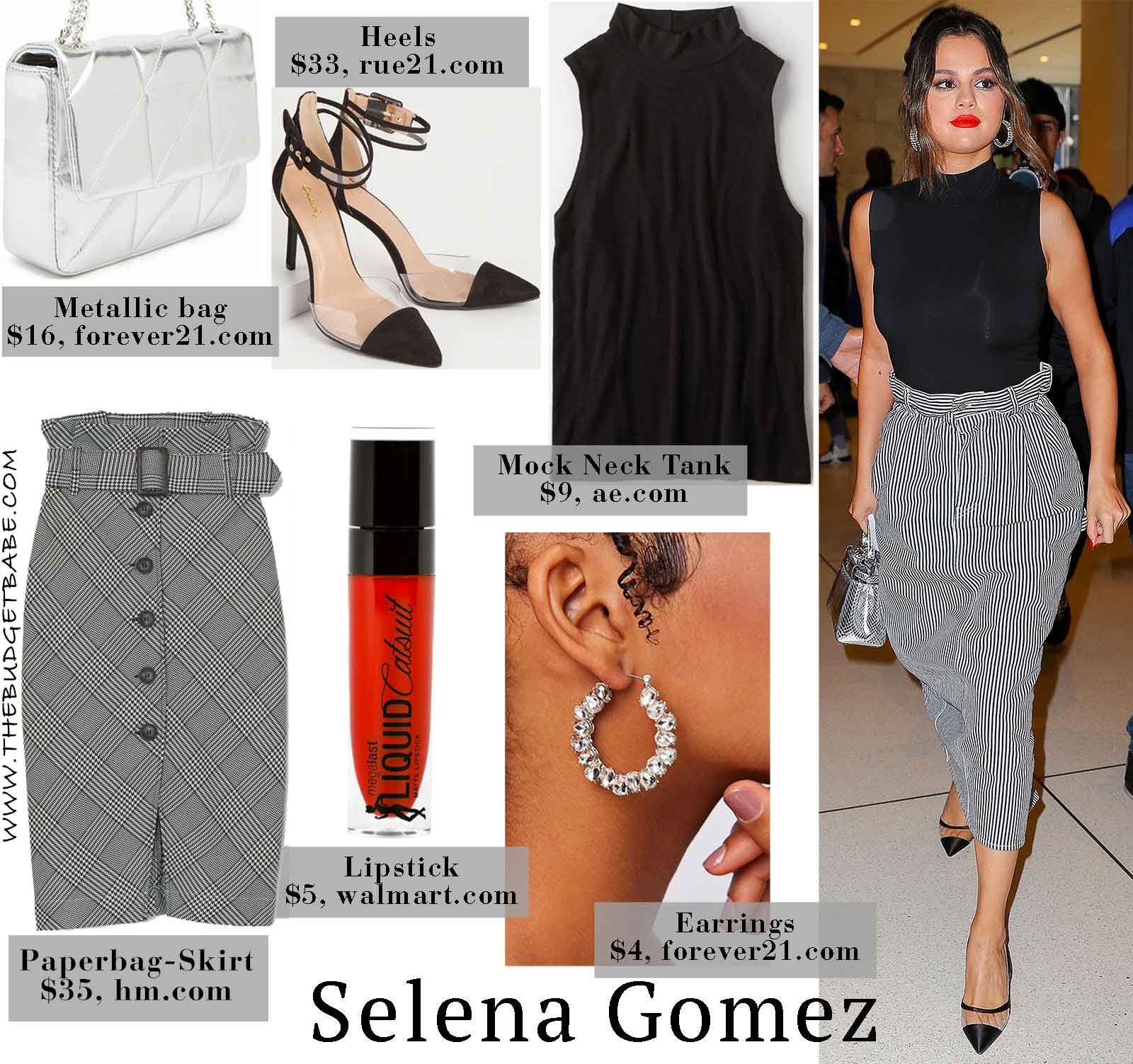 Selena Gomez's Striped Skirt, Black Tank, and Metallic Mini Bag Look for Less
