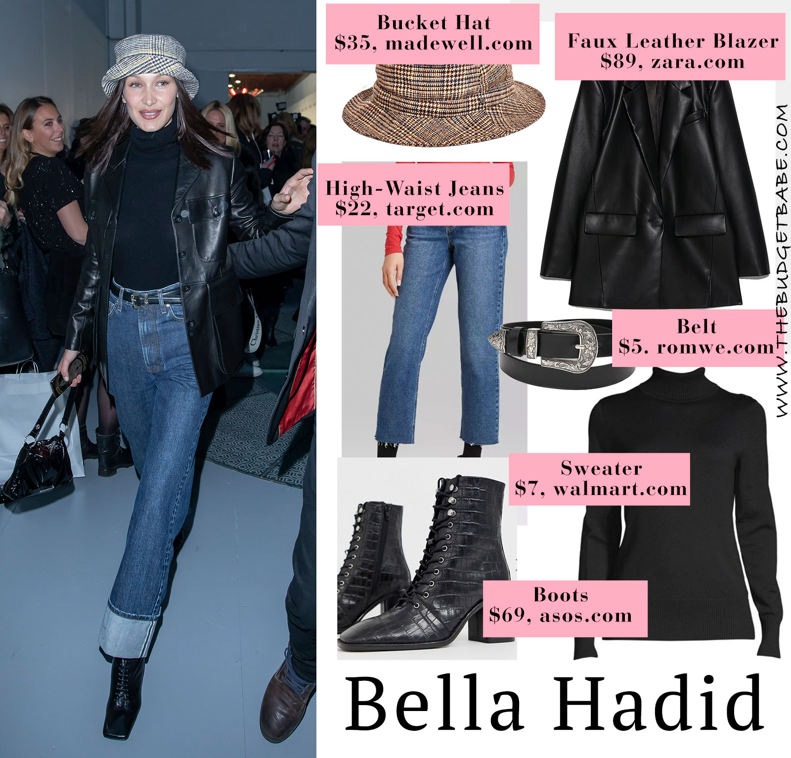 Bella Hadid's leather blazer and high waist jeans look for less