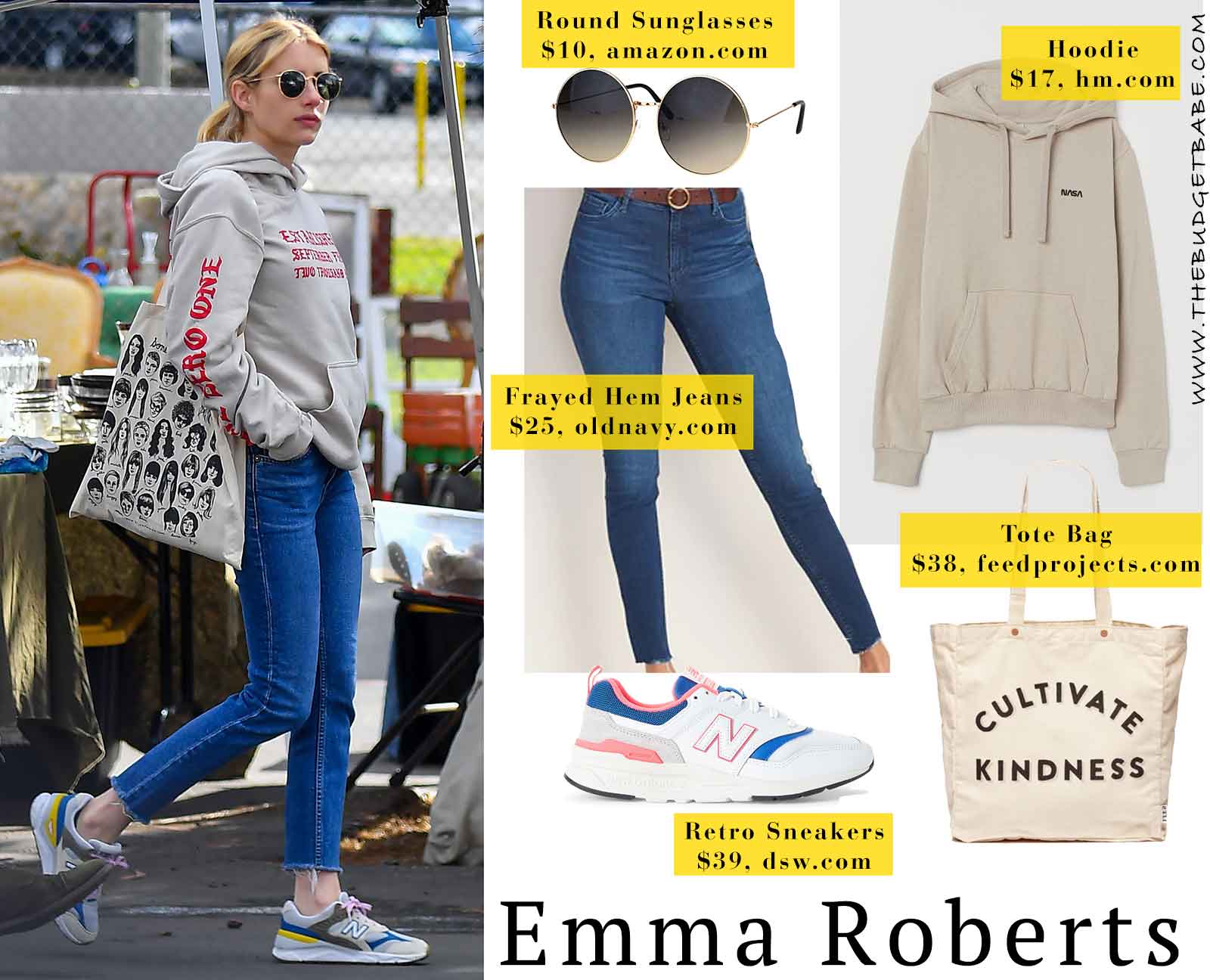 Emma Roberts One Nine Zero hoodie and New Balance sneakers