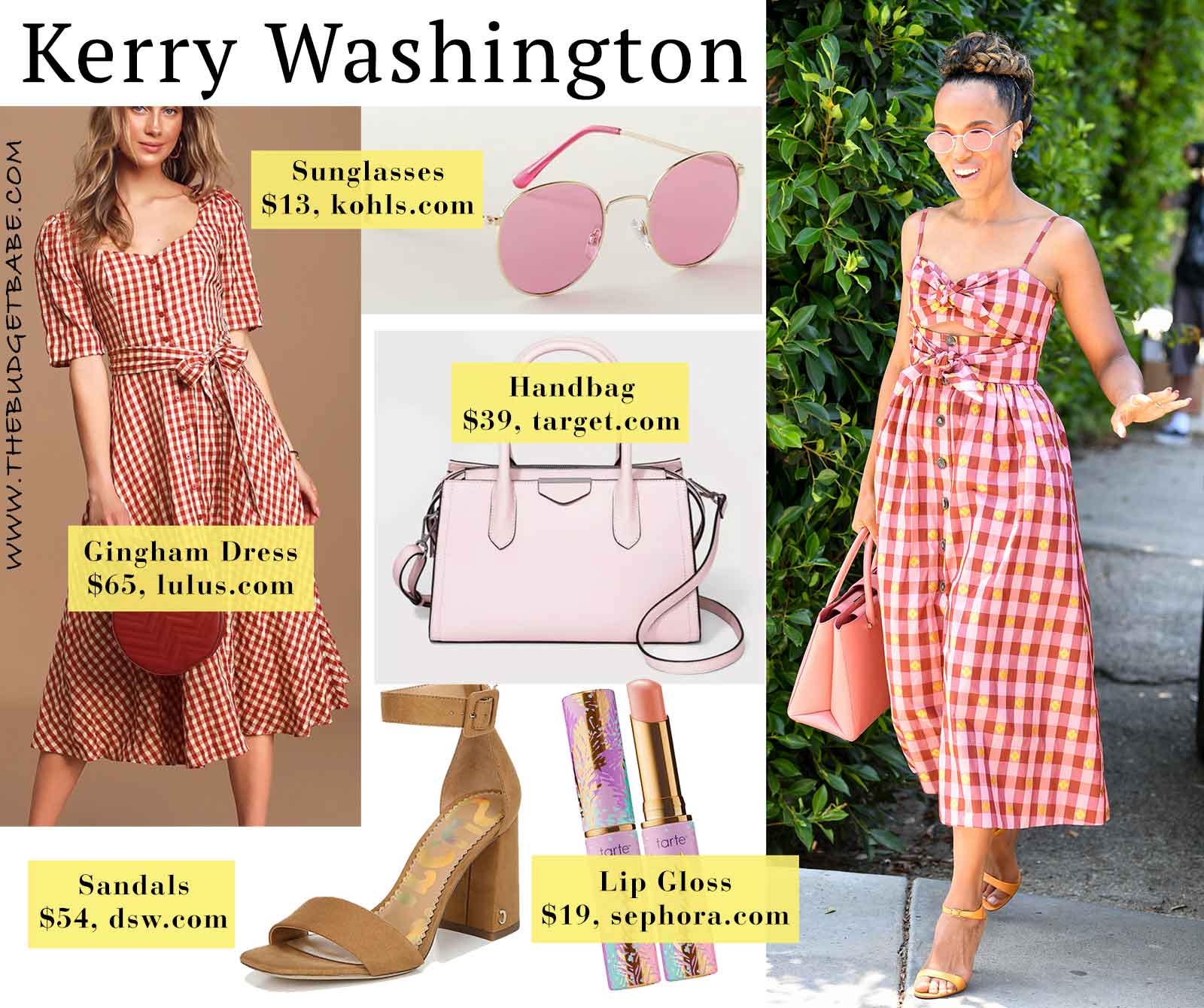 Kerry Washington's gingham dress and strappy sandals look for less