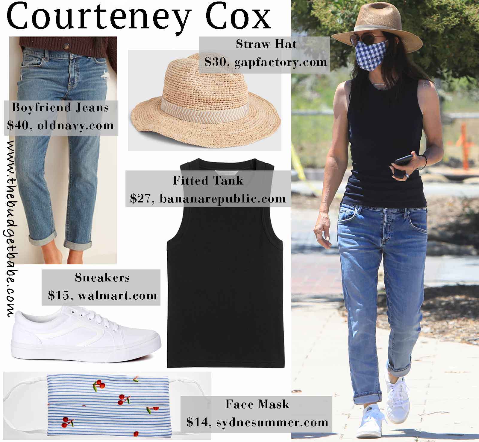 Courteney Cox hits the farmer's market in a straw hat and gingham face mask.