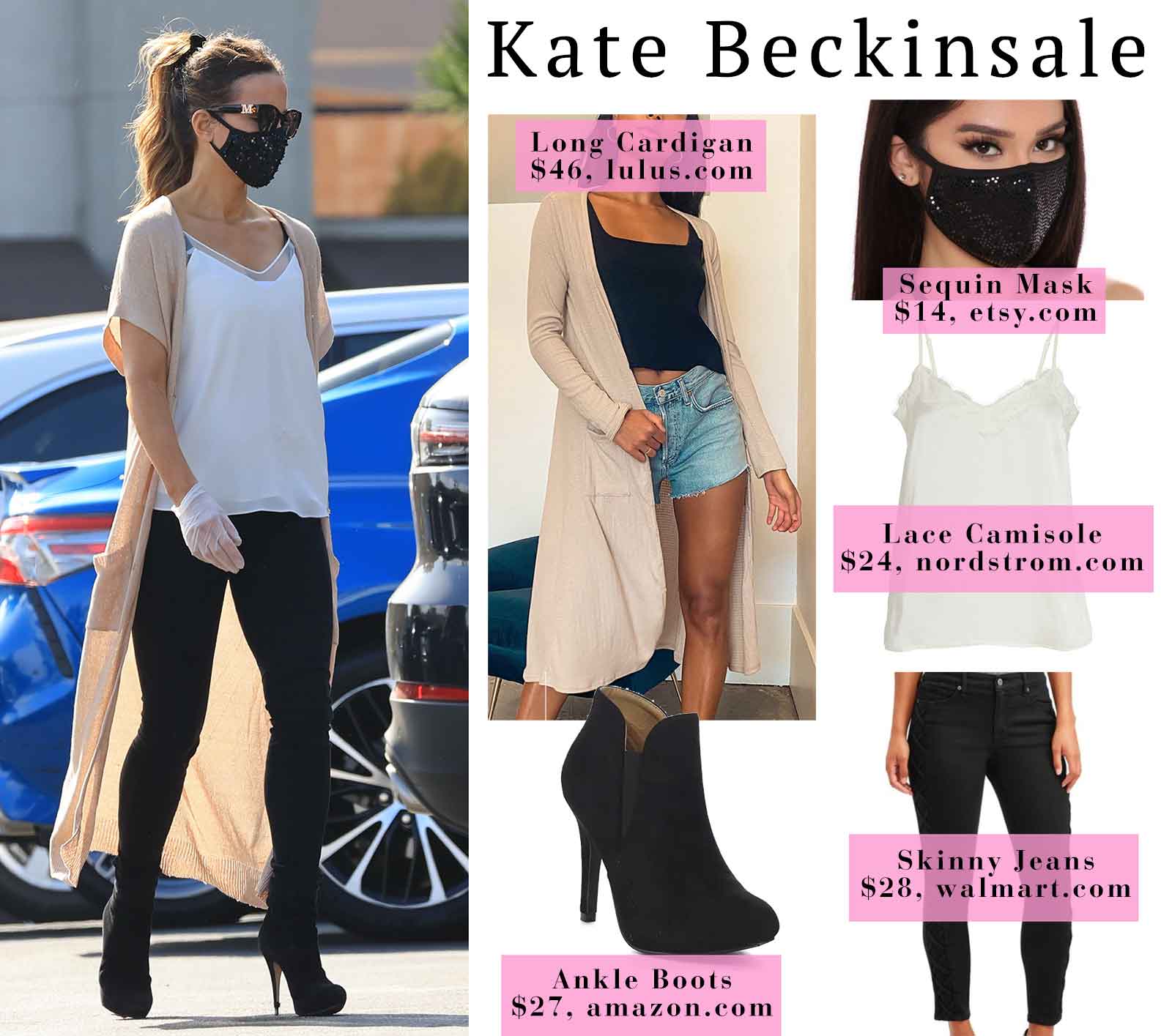 Kate Beckinsale's long cardigan, sequin face mask and stiletto ankle booties look for less
