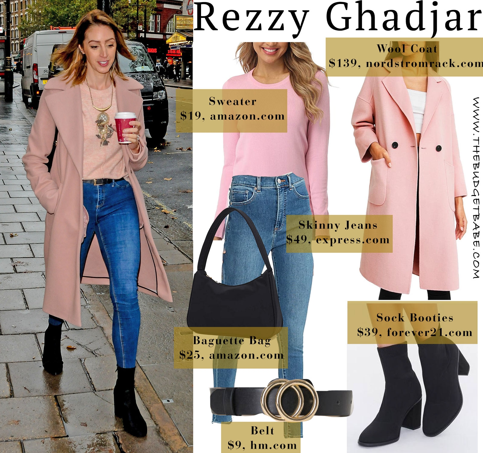 Rezzy Ghadjar pink coat and sweater with black accents look for less London style