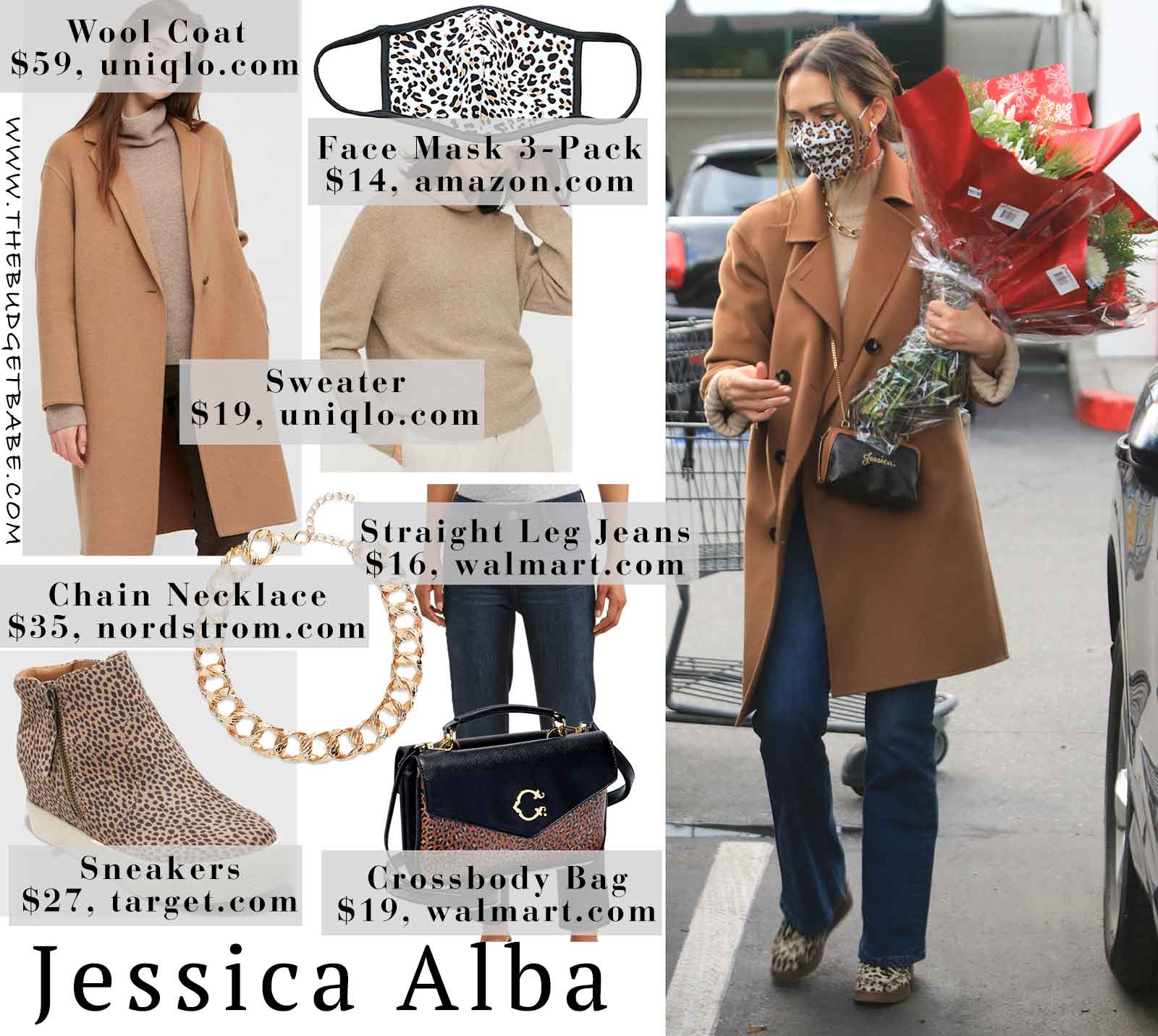 Jessica Alba's leopard face mask, camel coat and straight leg jeans look for less