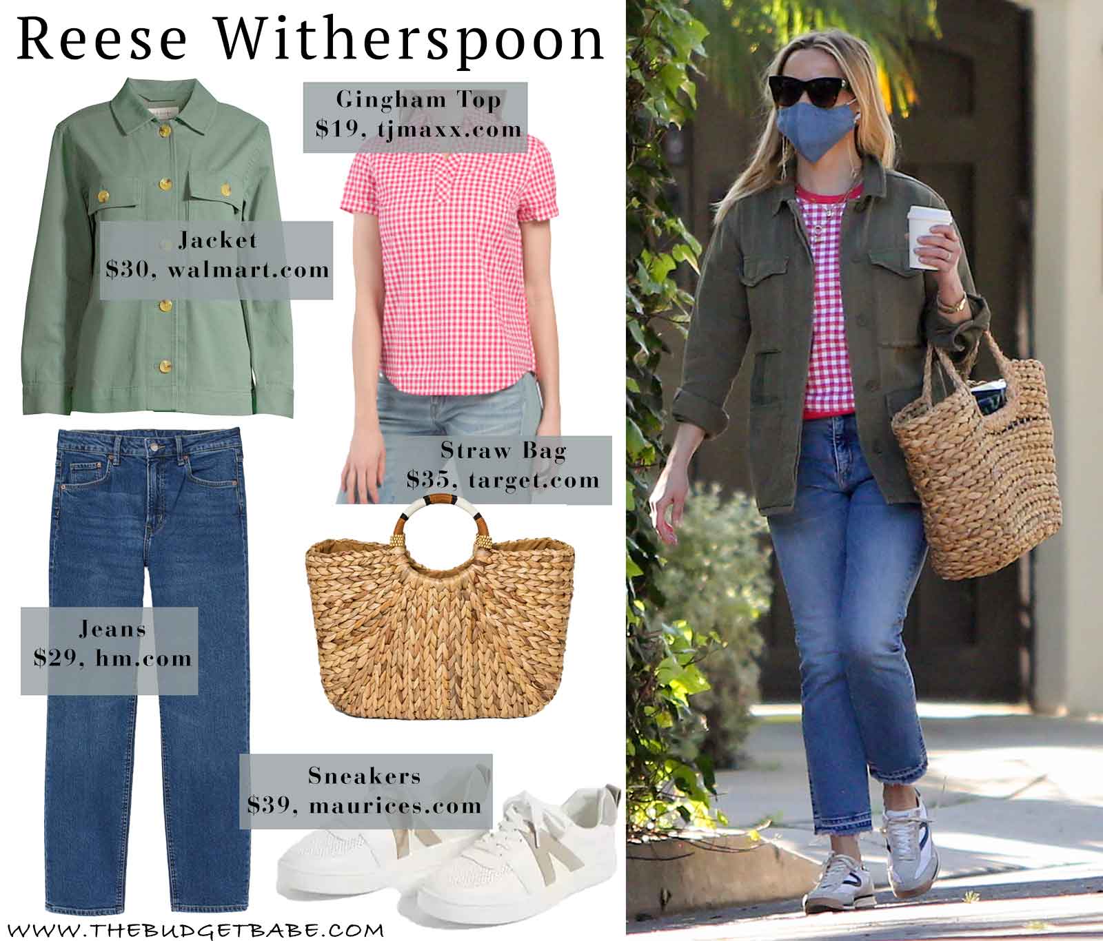 Reese Witherspoon gingham shirt and cargo jacket look for less