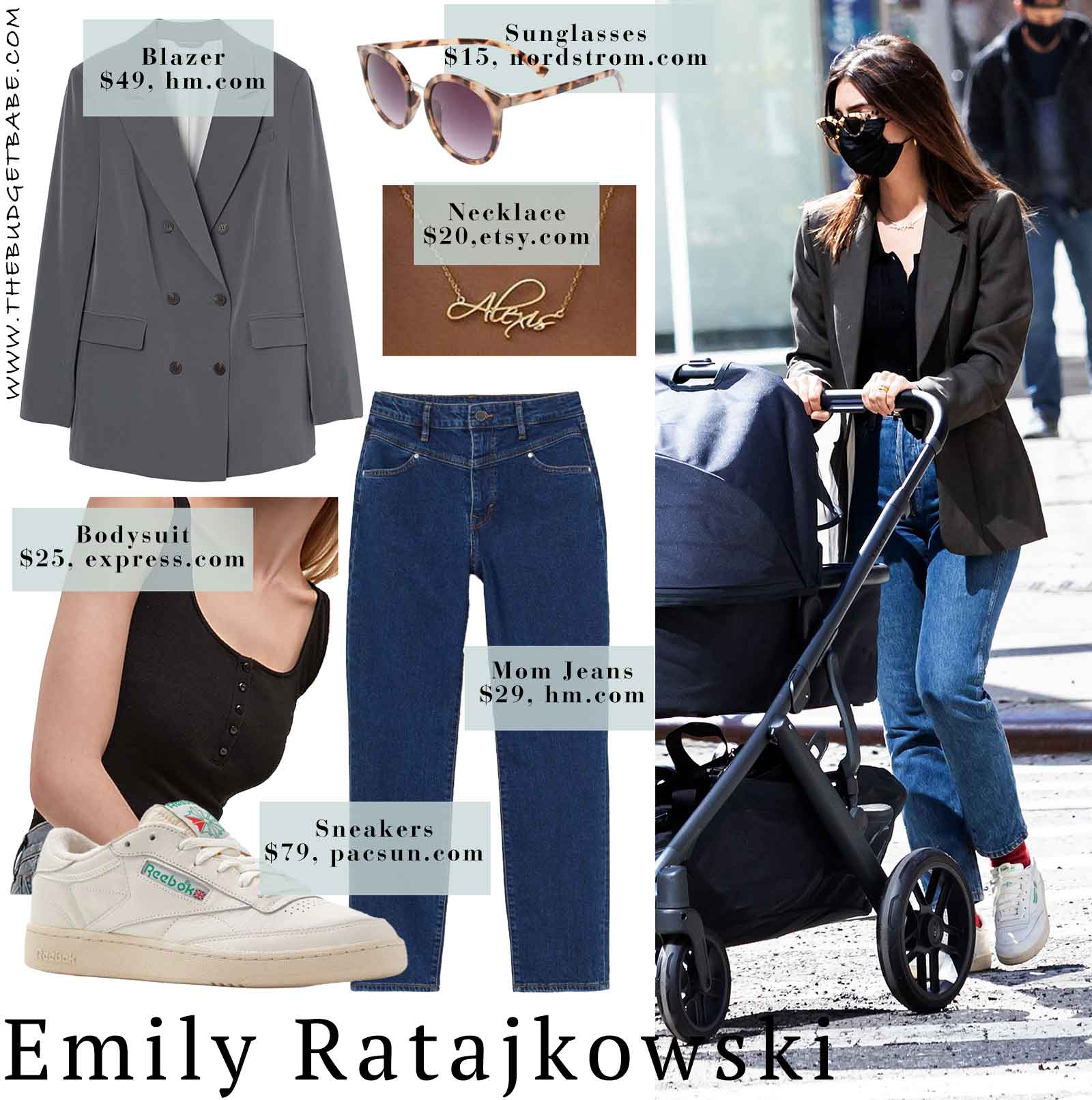 Emily Ratajkowski's boyfriend blazer, mom jeans, and Reebok sneakers look for less