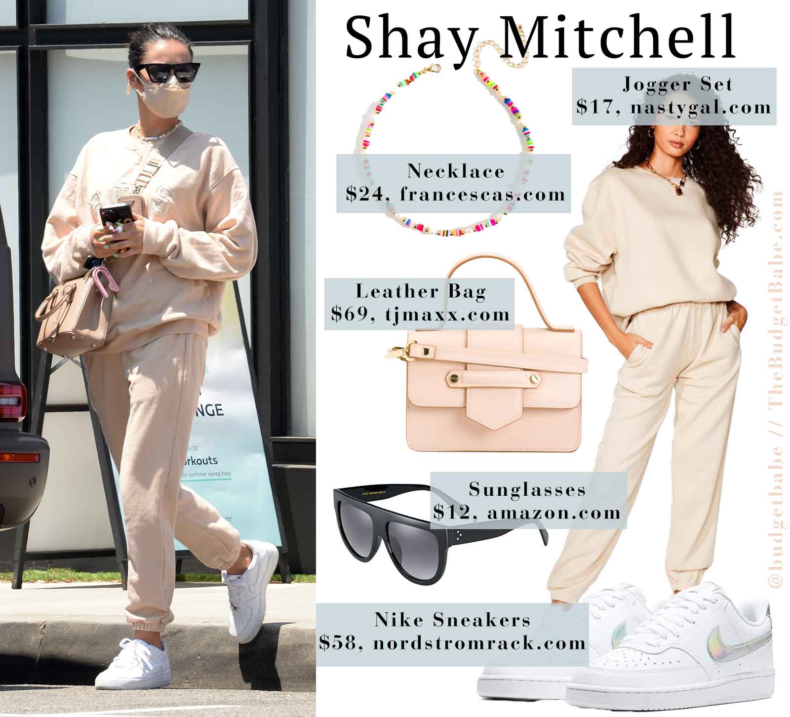 Shay Mitchell's jogger set and Nikes look for less