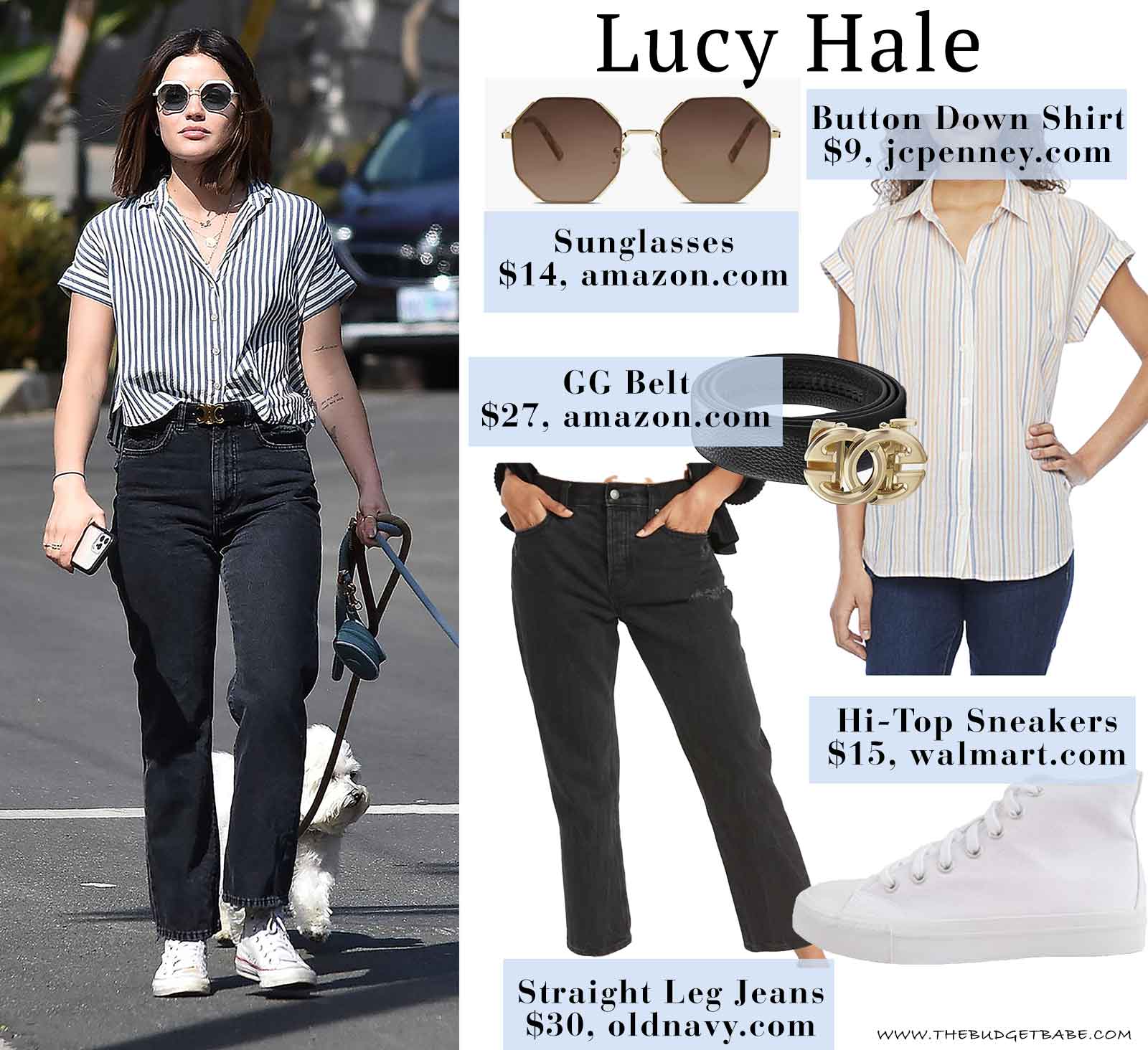 Lucy Hale's stripe shirt and black straight leg denim