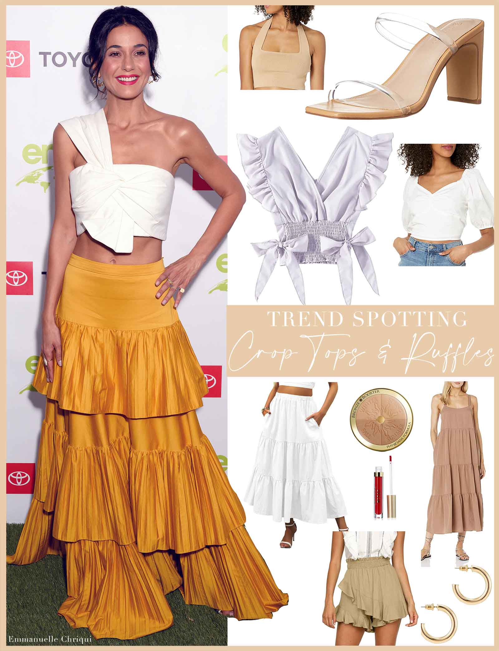 Emmanuelle Chriqui shines in a gold yellow ruffle tiered midi skirt and one shoulder crop top.