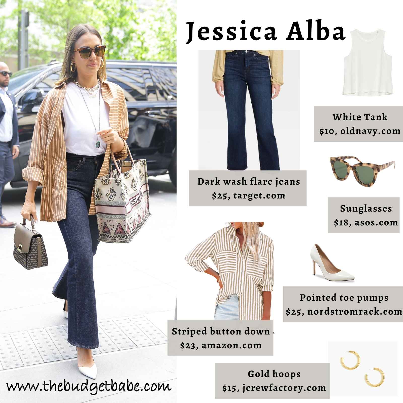 Jessica Alba's stripe button down, darkwash jeans look for less