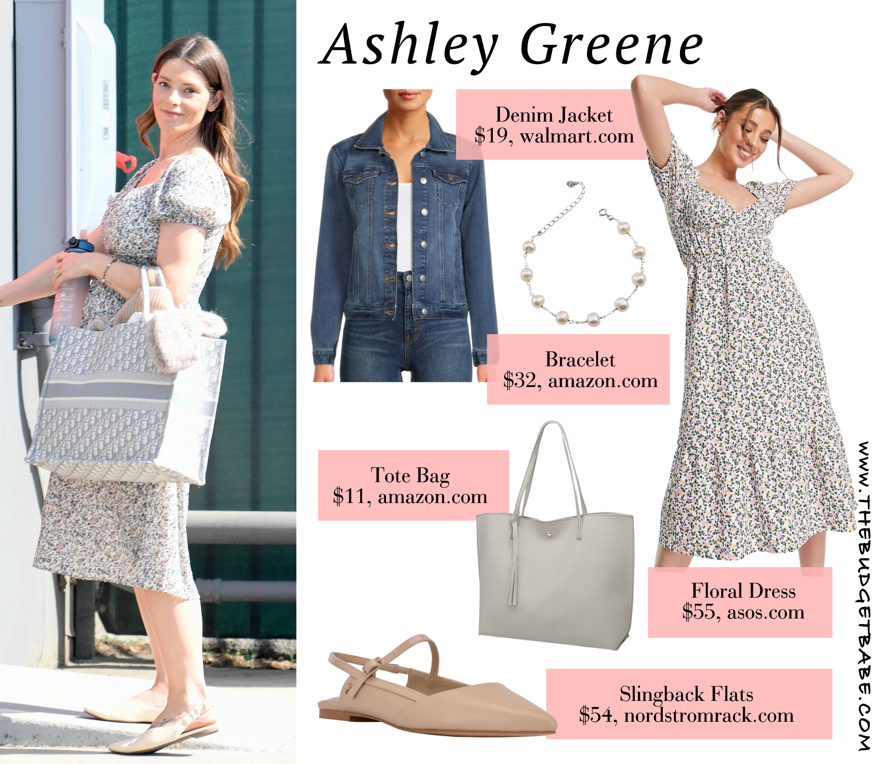 Ashley Greene Ditsy Floral Puff Sleeve Midi Dress, Christian Dior Tote Bag, Sam Edelman Pointed Toe Slingback Flats Celebrity Look For Less