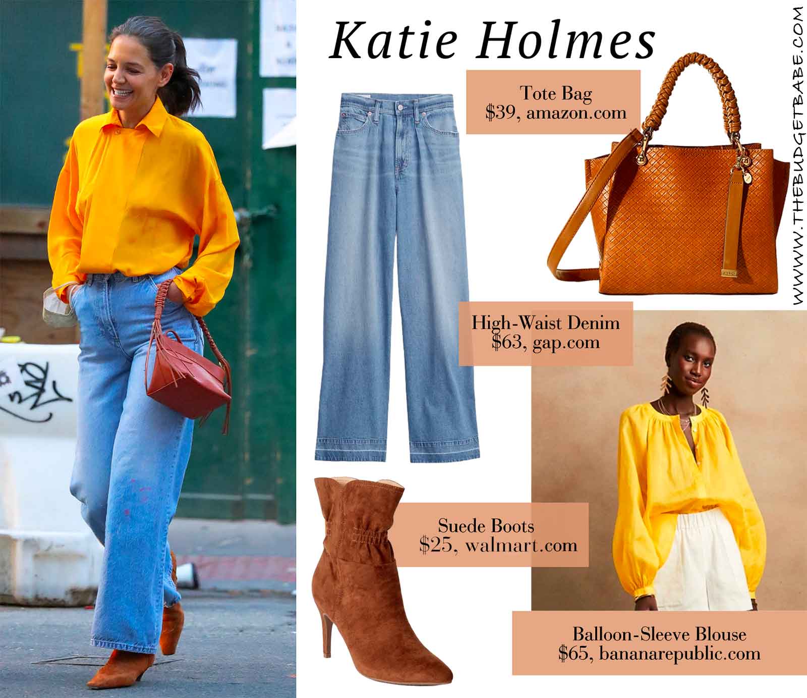 Katie Holmes' mustard yellow shirt with high waist wide legs jeans look for less