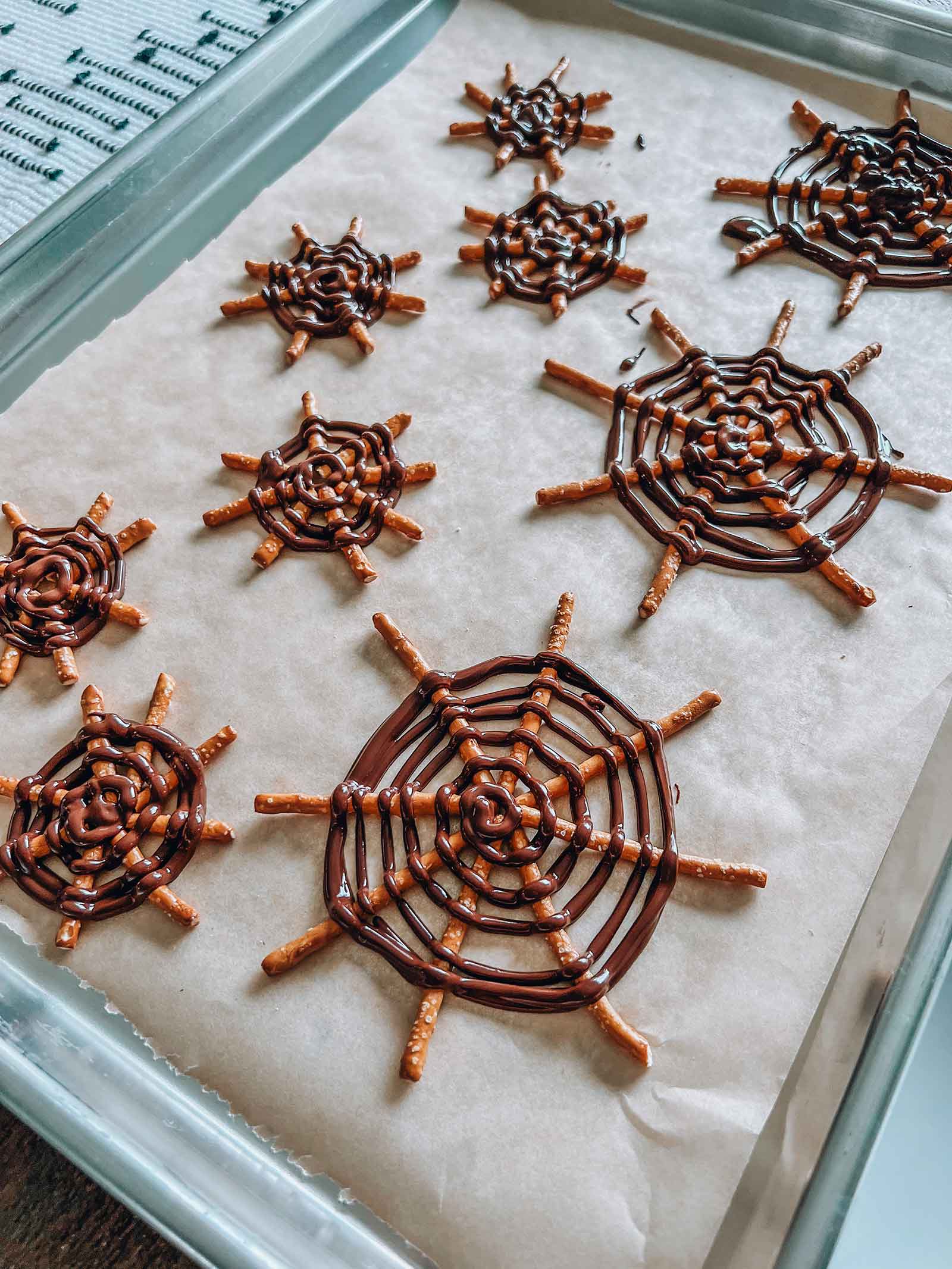 Pretzel spider webs Halloween snack treat dessert with dairy-free chocolate chips