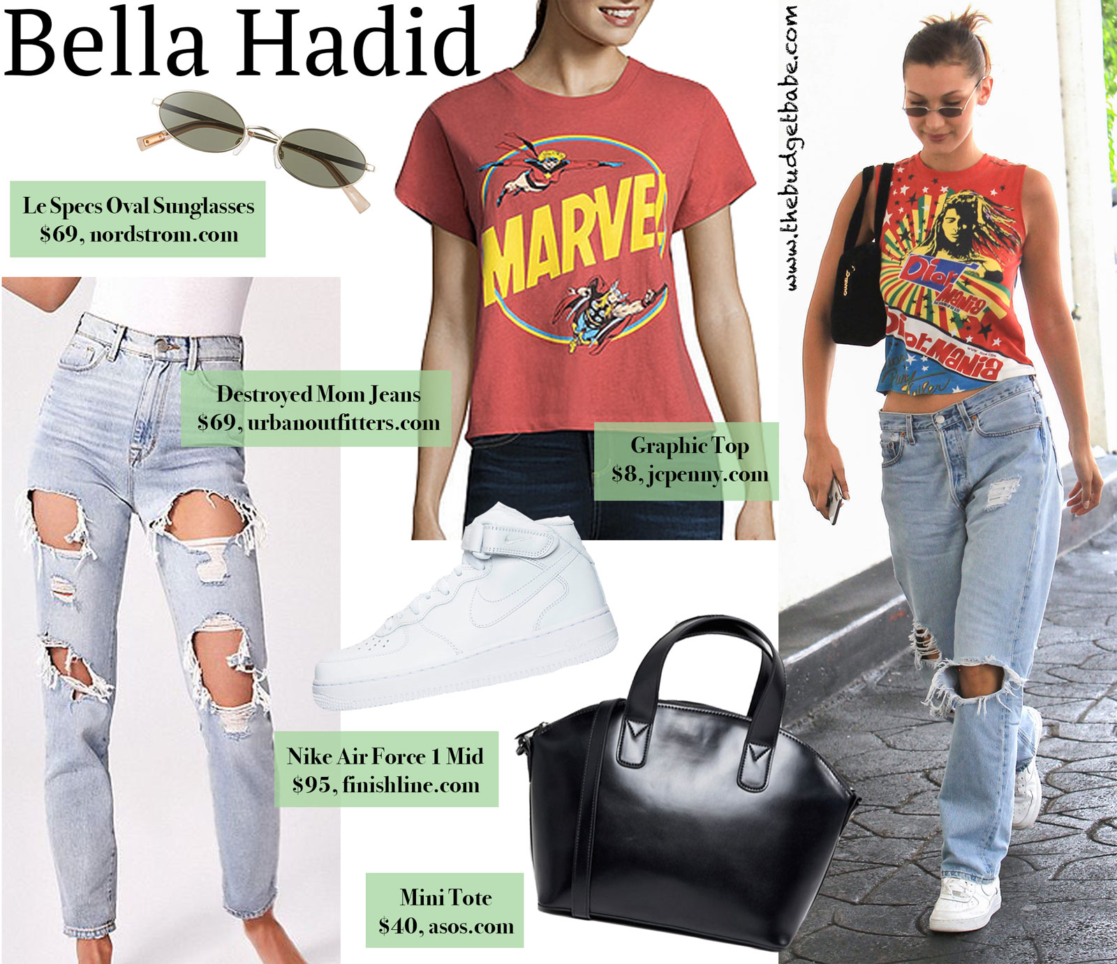 Bella Hadid Graphic Tee Destroyed Denim Look for Less