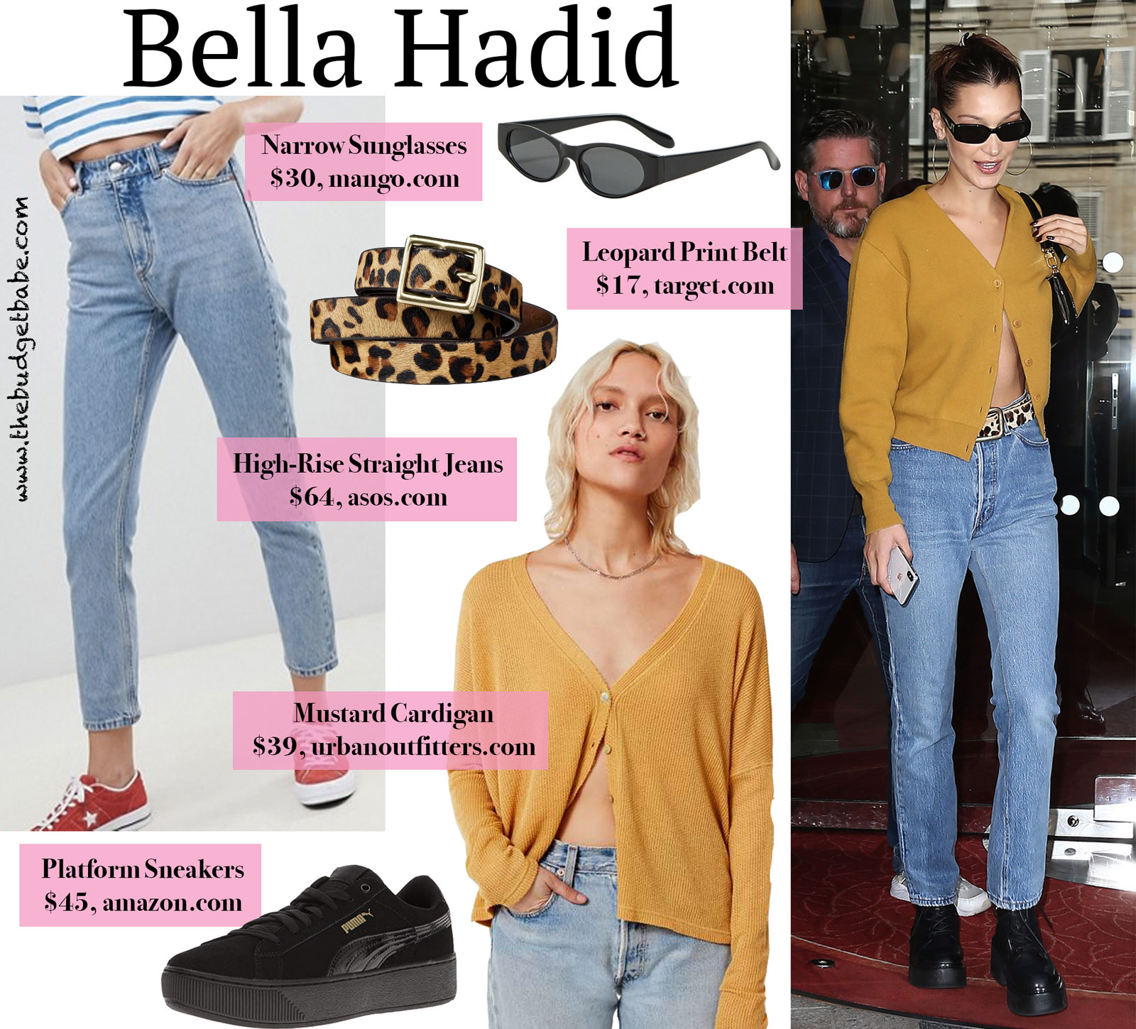 Bella Hadid Mustard Cardigan and Leopard Belt Look for Less