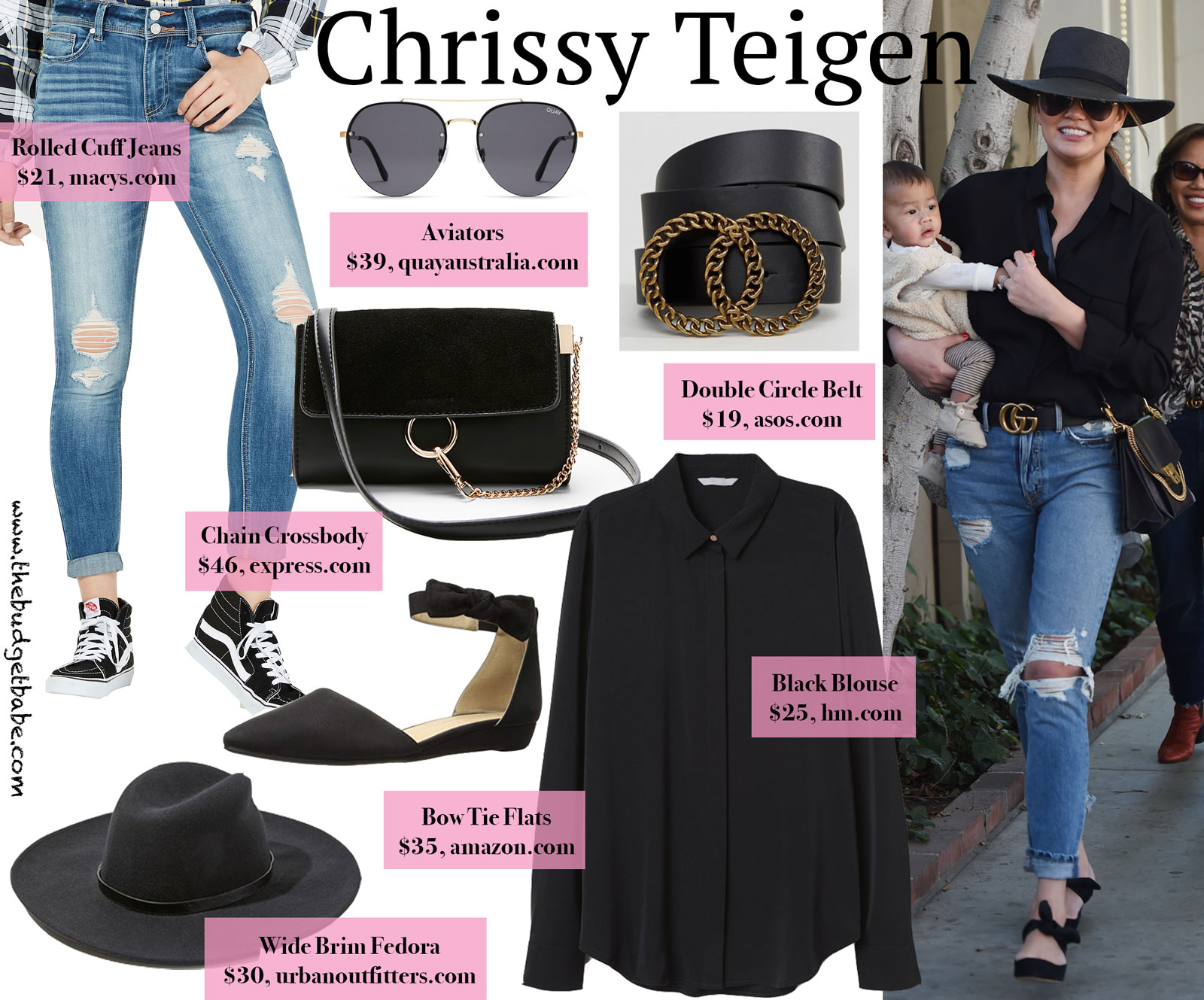Chrissy Teigen Black Blouse Gucci Belt Look for Less