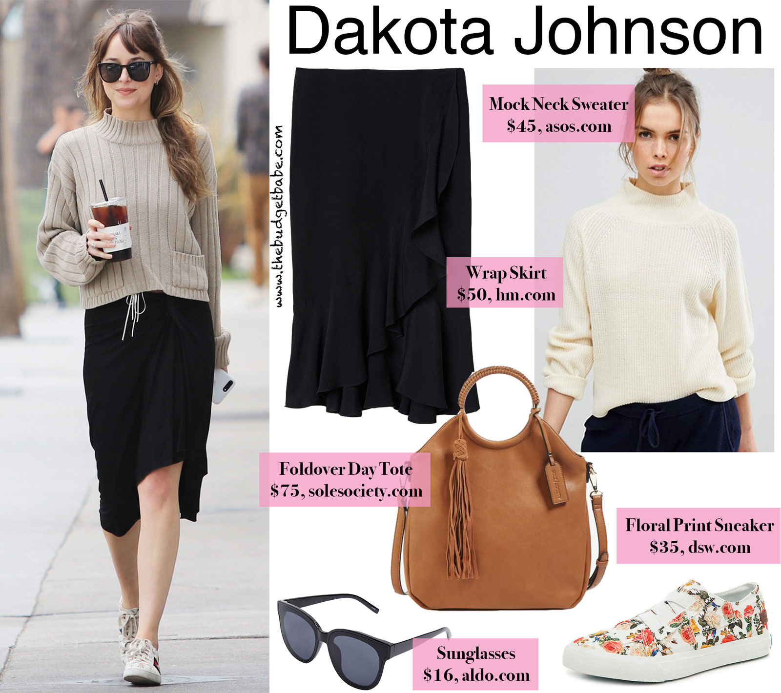 Dakota Johnson Mock Neck Sweater and Gucci Floral Sneakers Look for Less
