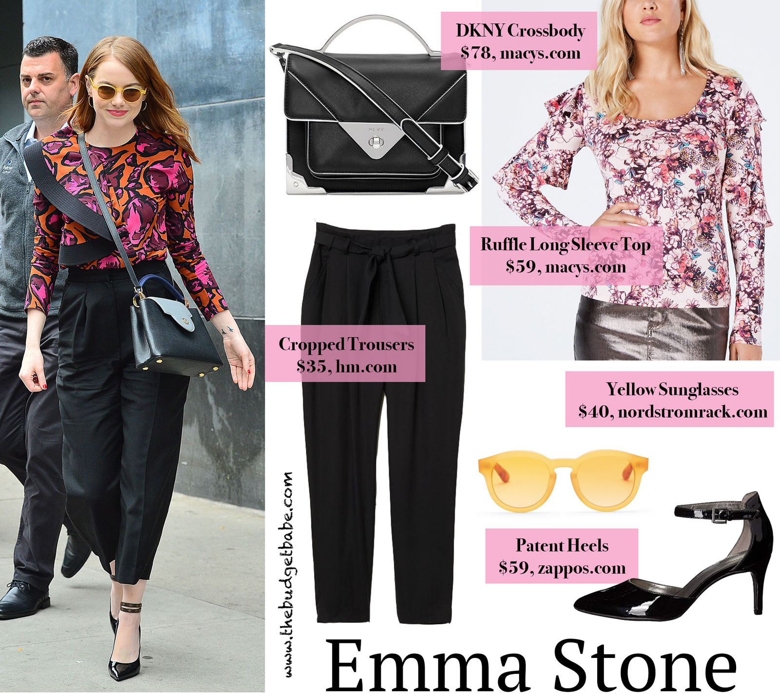 Emma Stone Ruffle Top and Black Trousers Look for Less