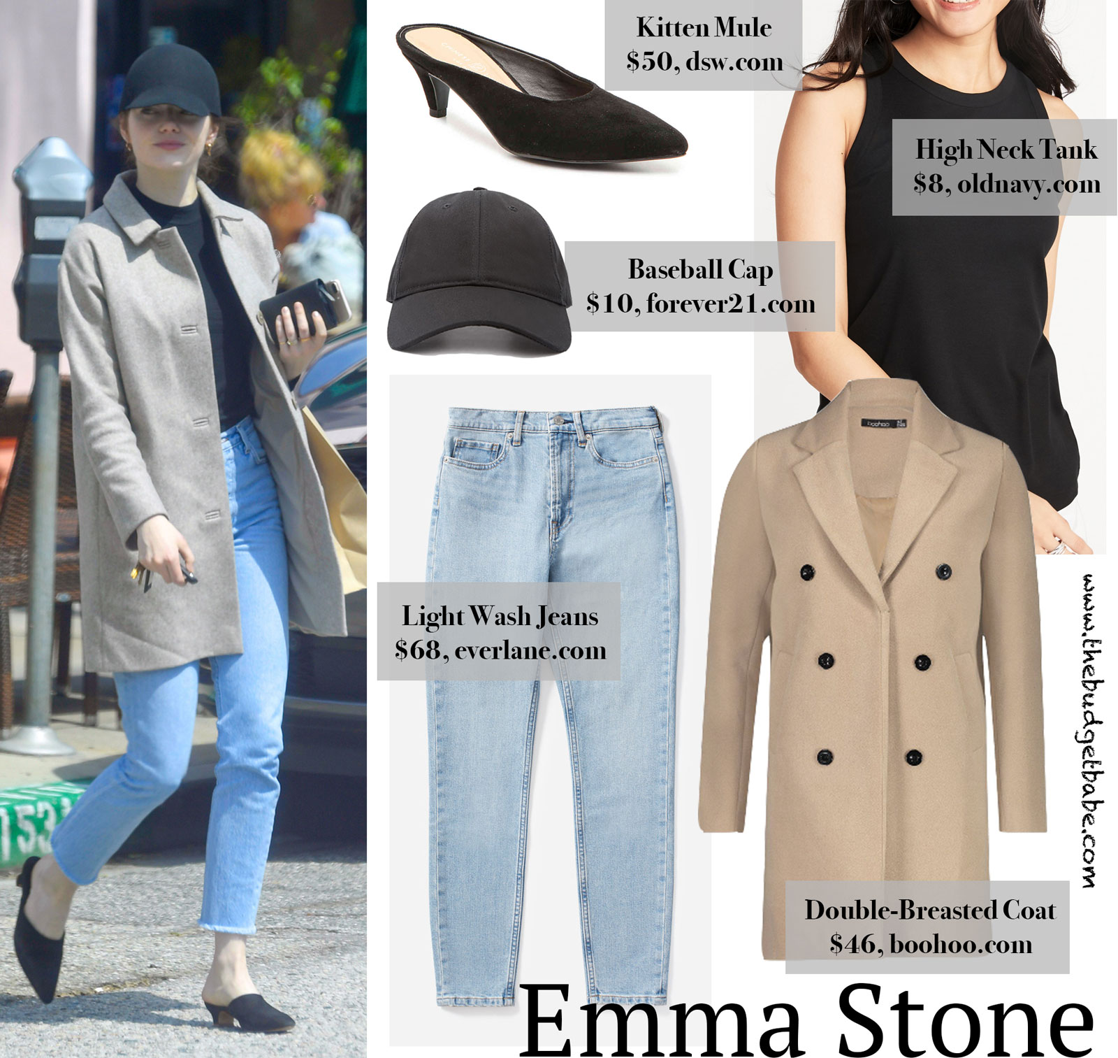Emma Stone Tan Coat Baseball Cap Look for Less