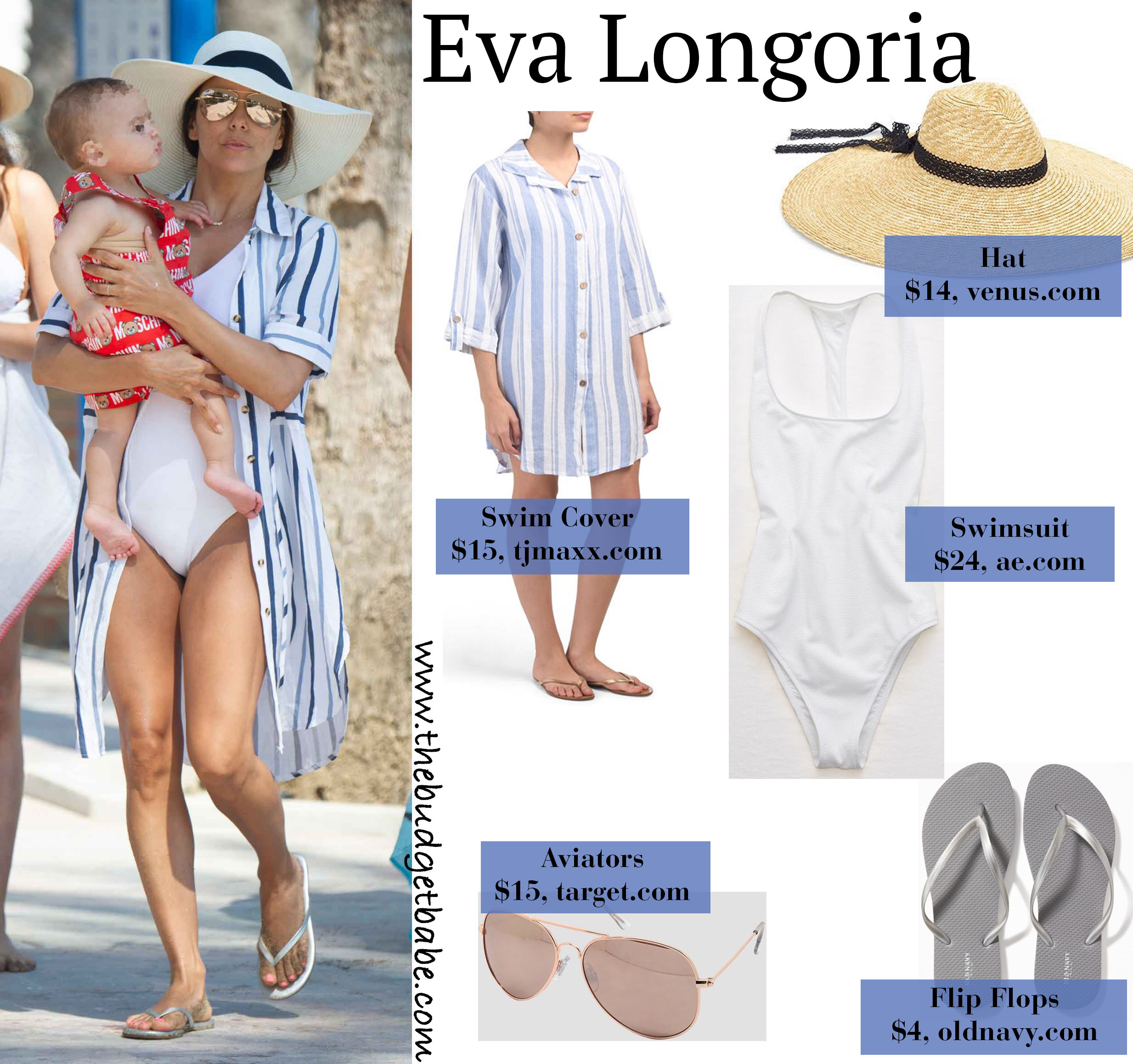 Eva Longoria White Swimsuit Button Down Cover Up Floppy Hat