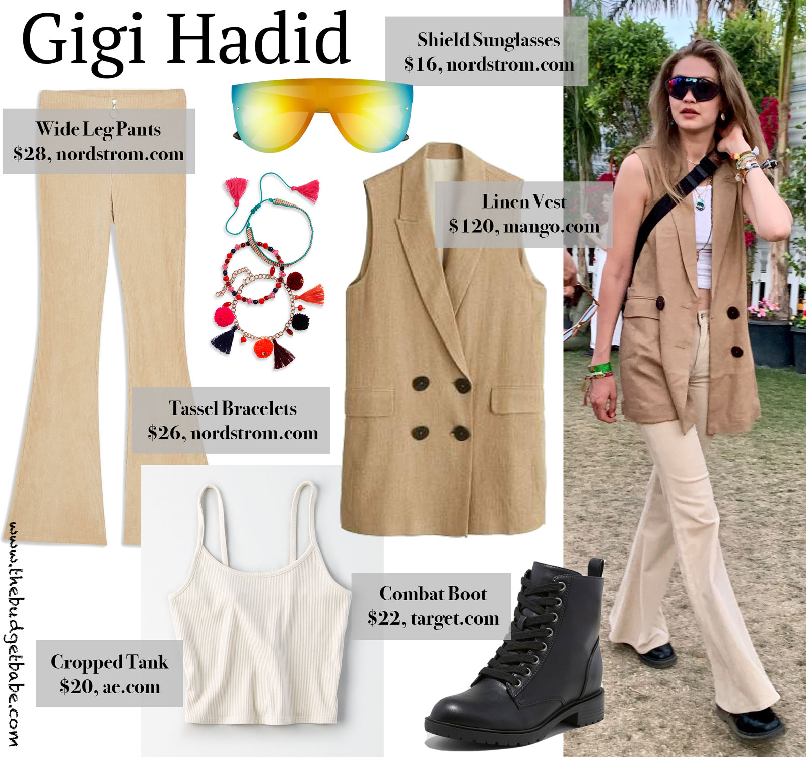 Gigi Hadid Tan Vest and Wide Leg Pants Look for Less