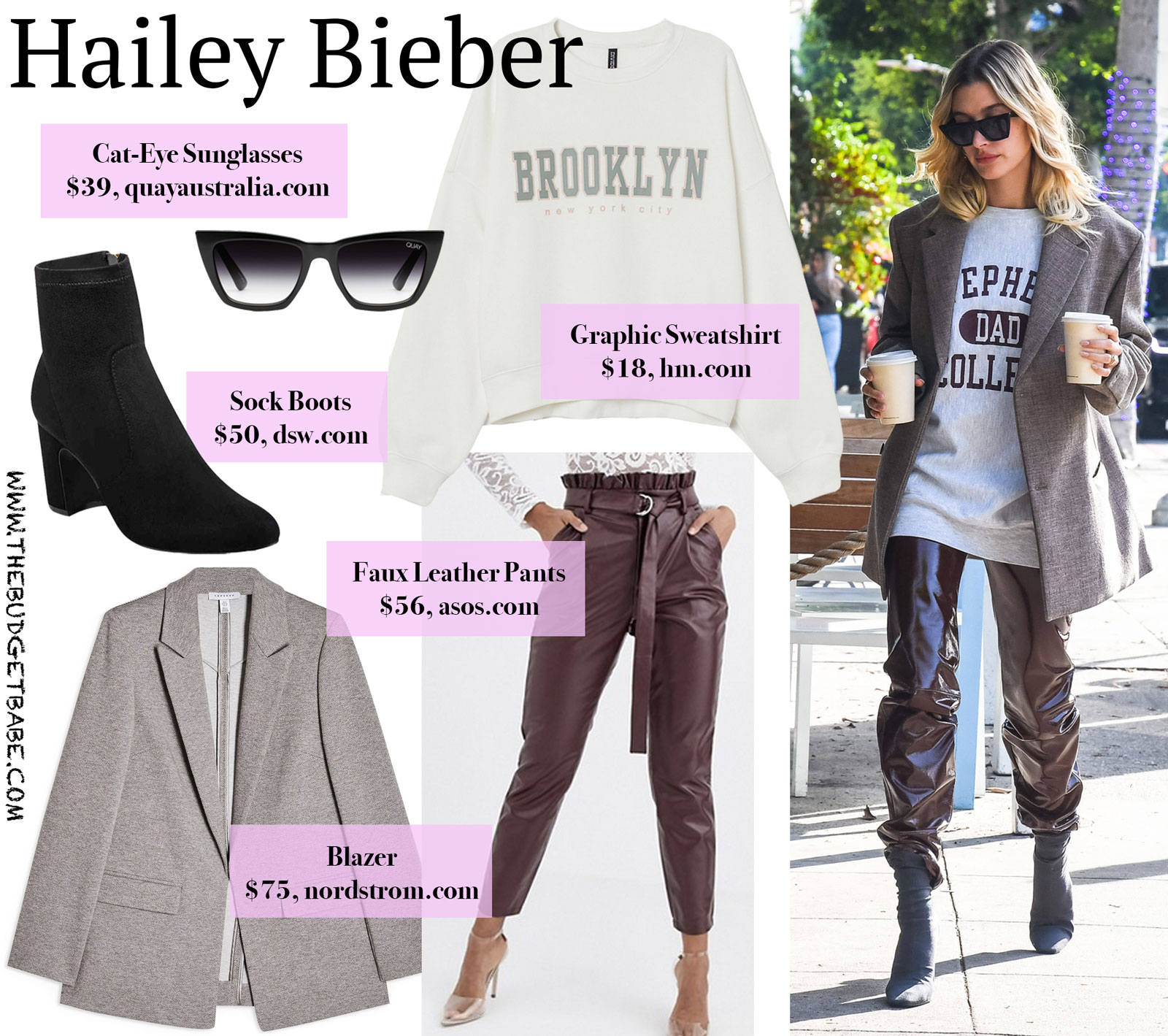 Hailey Bieber Graphic Sweatshirt Leather Pants Look for Less