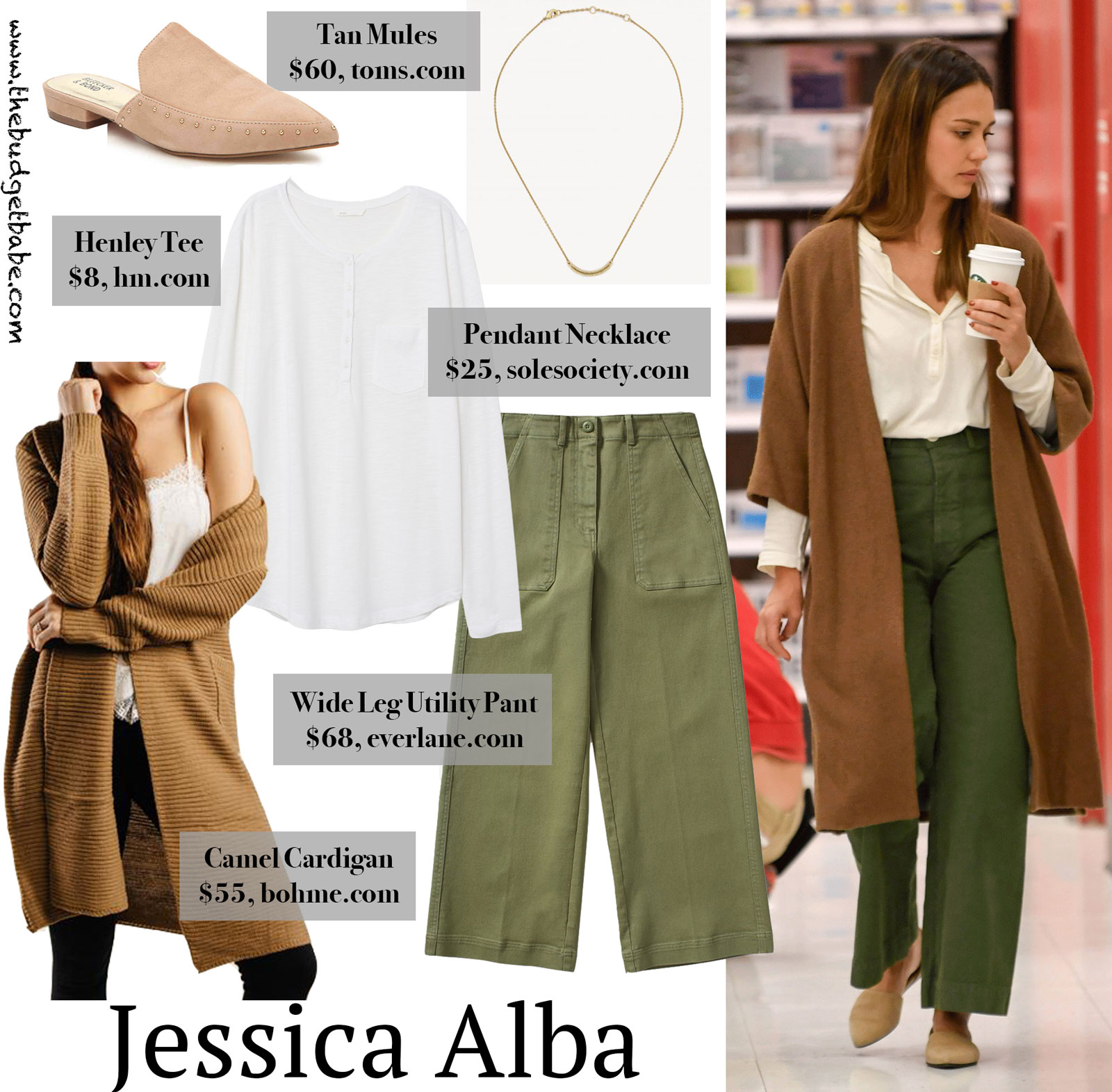 Jessica Alba Green Pants and Camel Cardigan Look for Less
