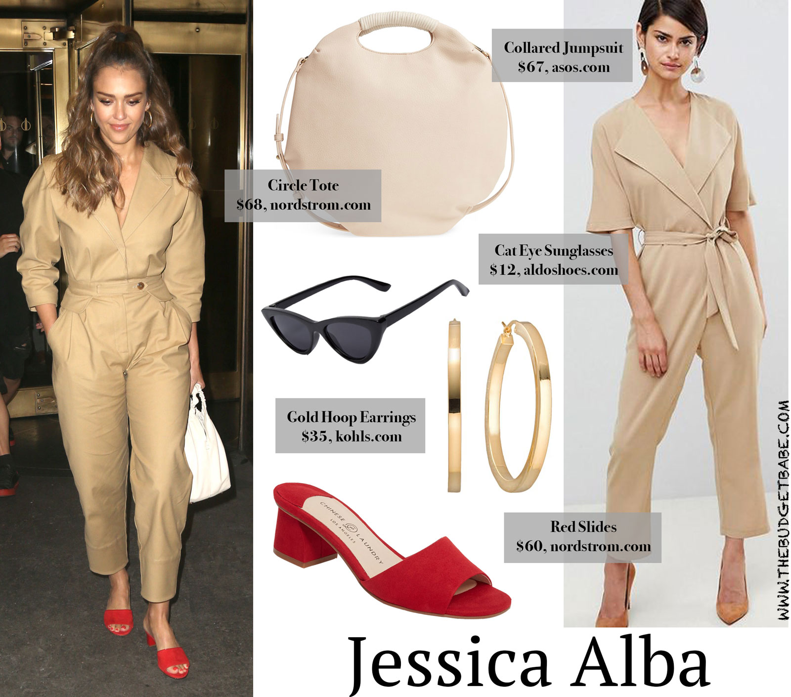 Jessica Alba Tan Jumpsuit and Red Slides Look for Less