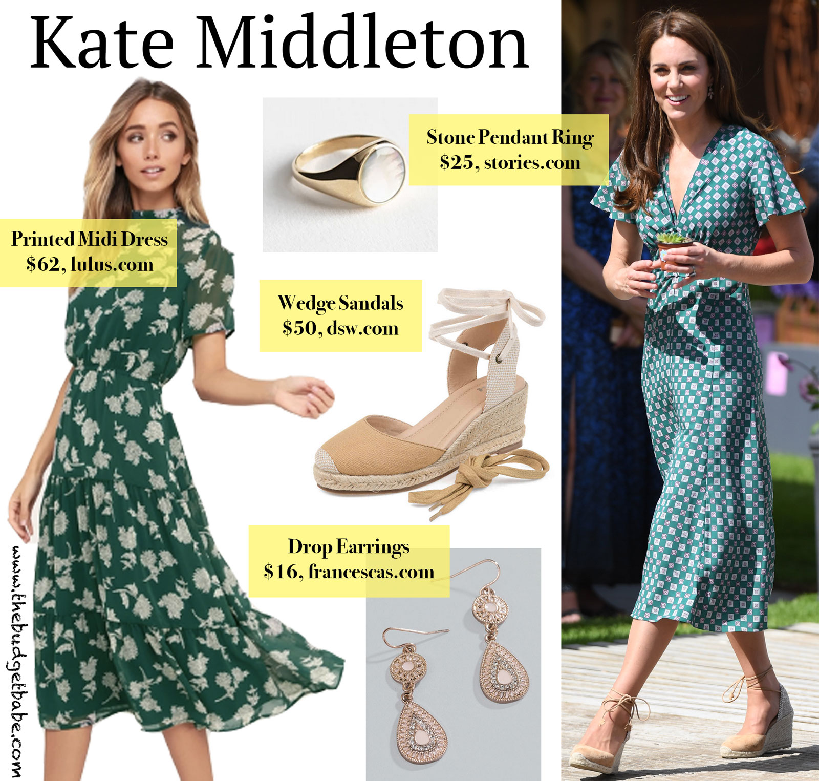 Kate Middleton Printed Green Midi Dress Look for Less