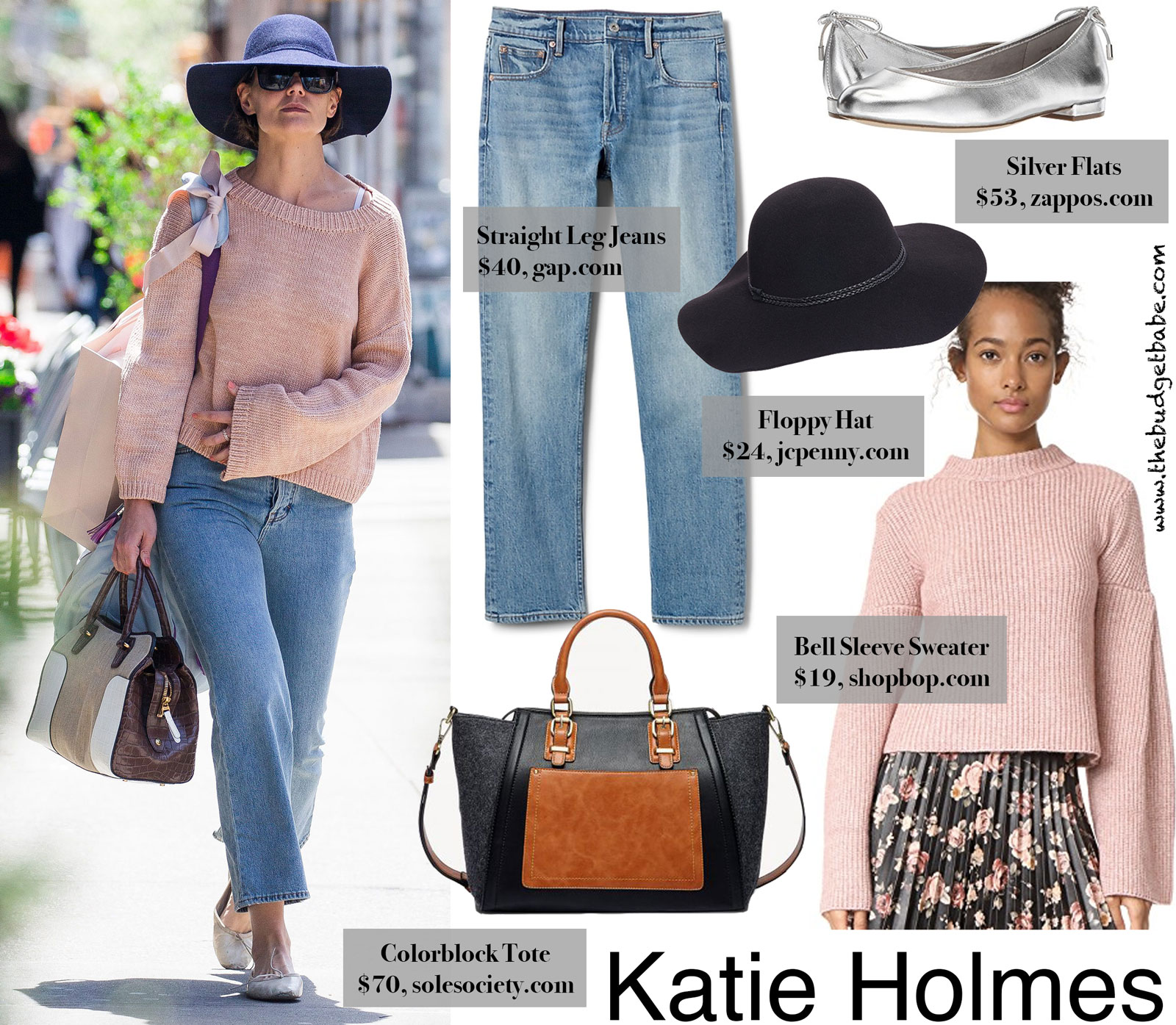 Katie Holmes Floppy Hat and Bell Sleeve Sweater Look for Less