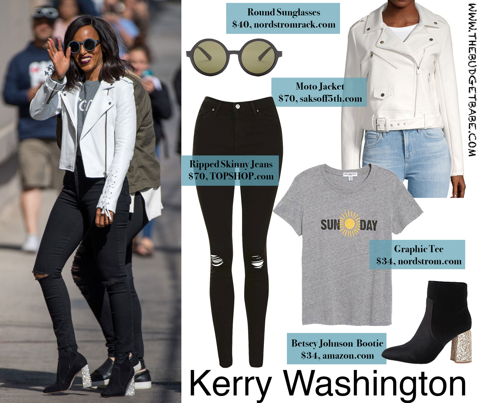 Kerry Washington White Moto Jacket and Glitter Heel Bootie Look for Less