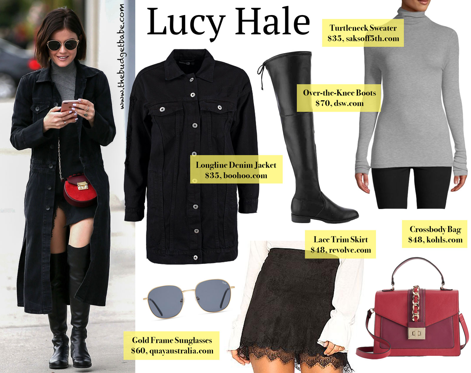 Lucy Hale Long Denim Jacket and Over the Knee Boots Look for Less