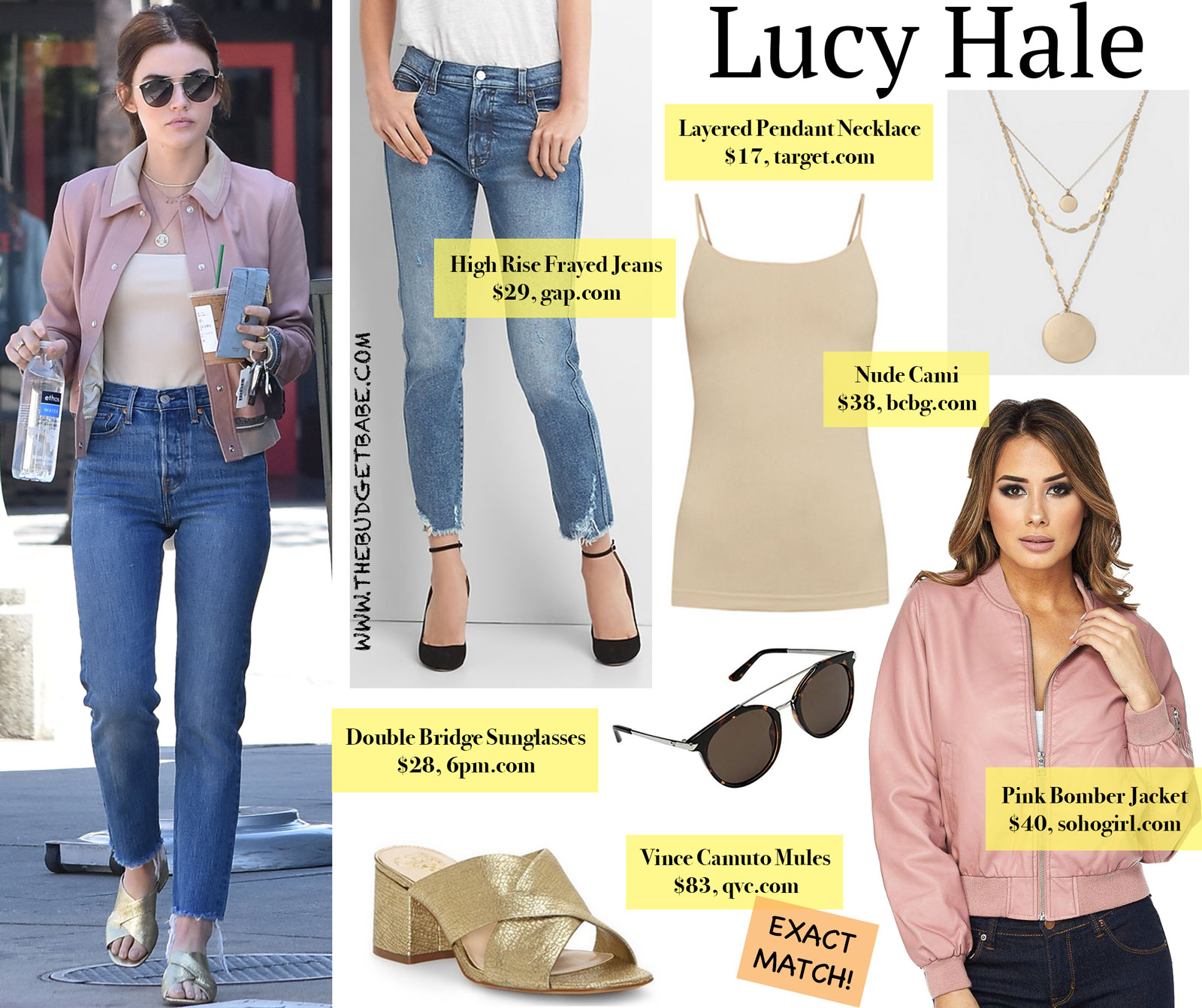 Lucy Hale Pink Bomber Jacket and Ray-Ban Look for Less