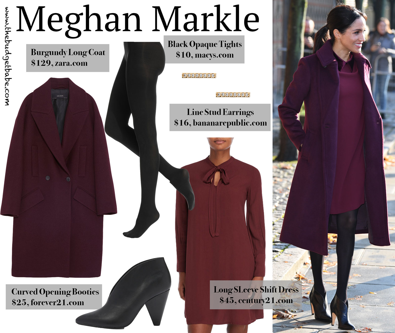 Meghan Markle Burgundy Coat and Dress Look for Less