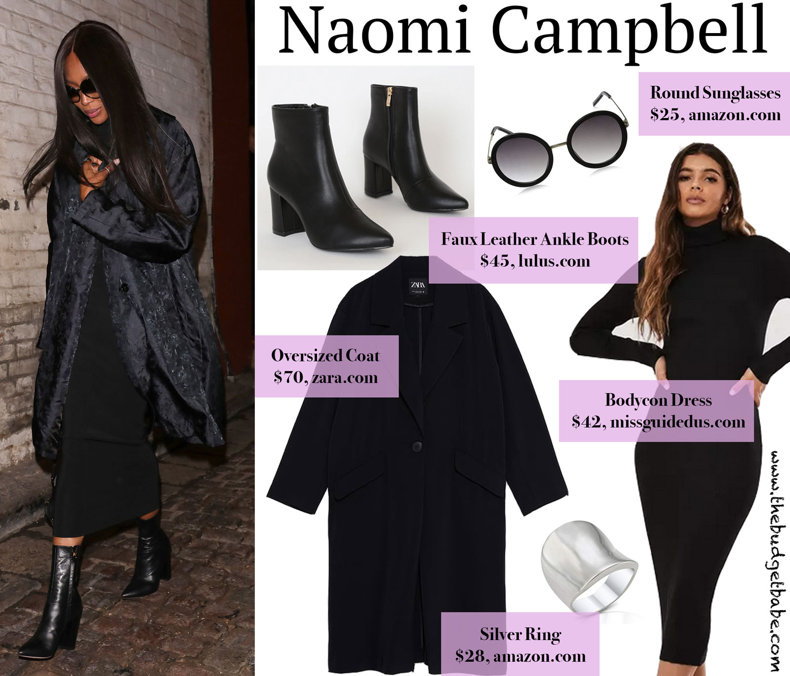 Naomi Campbell Black Coat and Boots Look for Less