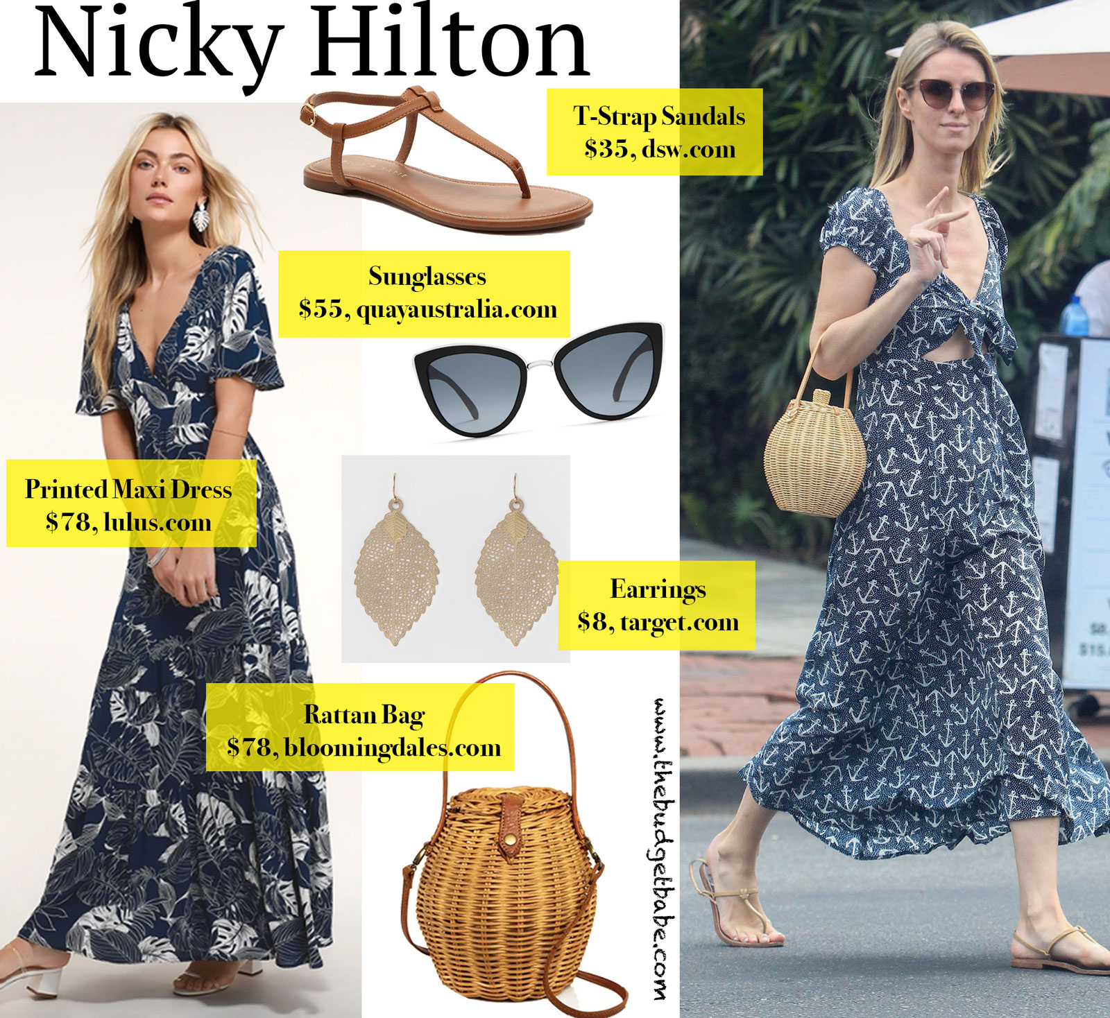 Nicky Hilton Maxi Dress and Rattan Bag Look for Less
