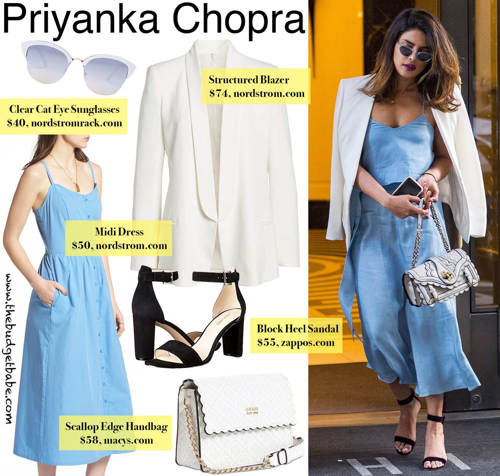 Priyanka Chopra Blue Dress and Scallop Handbag Look for Less