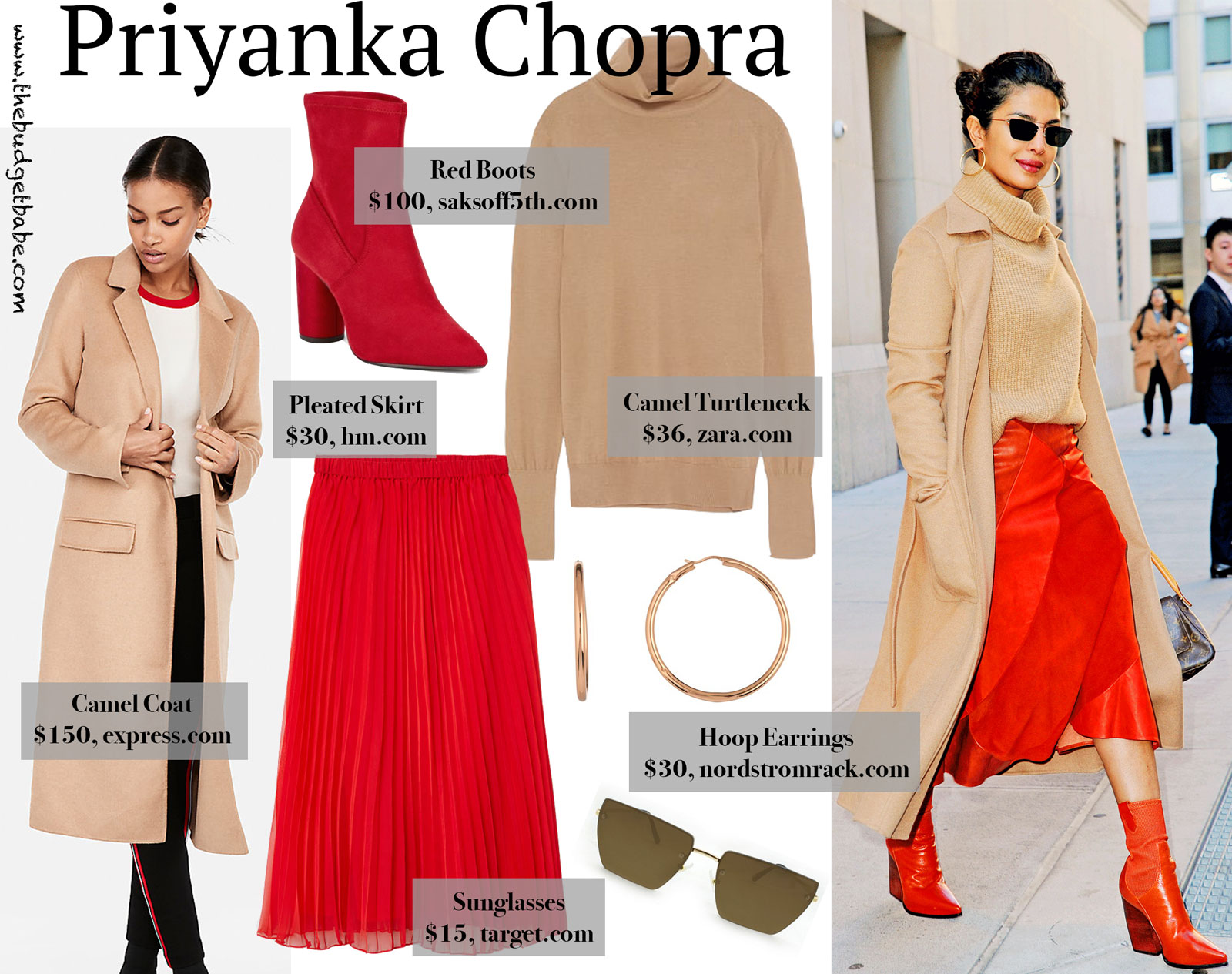 Priyanka Chopra Red Skirt and Camel Coat Look for Less