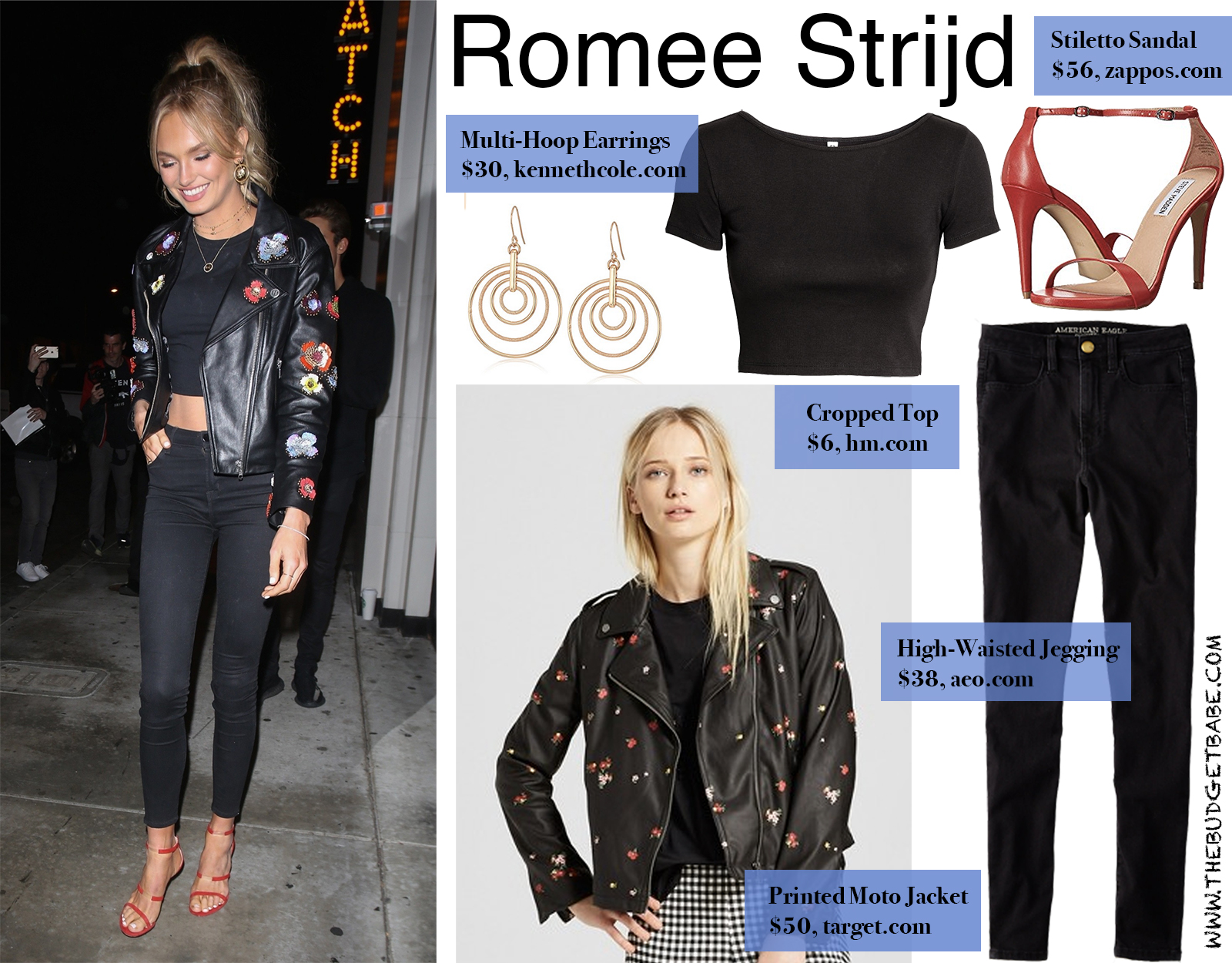 Romee Strijd Floral Moto Jacket and Bright Stiletto Sandals For Less