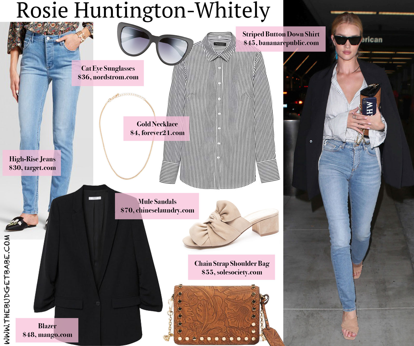 Rosie Huntington-Whitely Striped Button Down and Black Blazer Look for Less