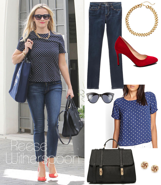 Reese Witherspoon's polka dot top, jeans, and red pumps look for less