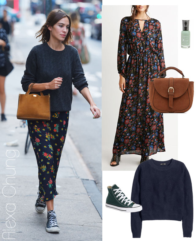 Alexa Chung's chunky sweater, floral maxi skirt, Converse Chuck Hi-Top Sneakers and suede mini bag look for less