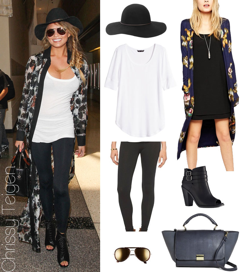 Chrissy Teigen wears a floral duster with a white top, black leggings and black open-toe lace up boots