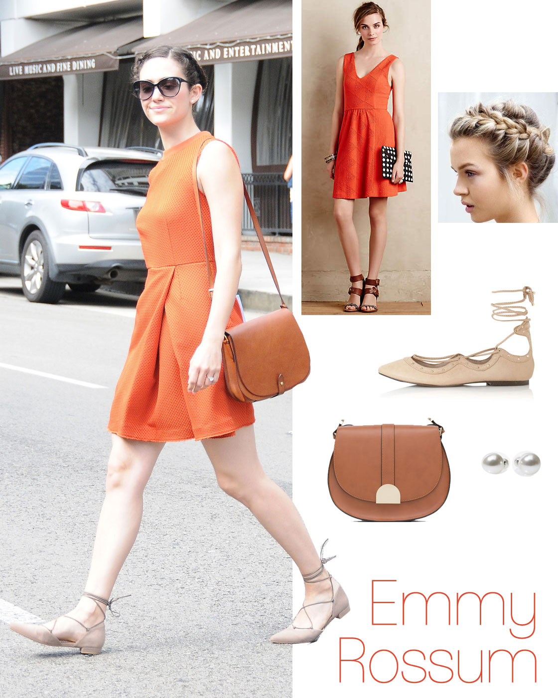 Emmy Rossum's orange dress and nude lace up flats