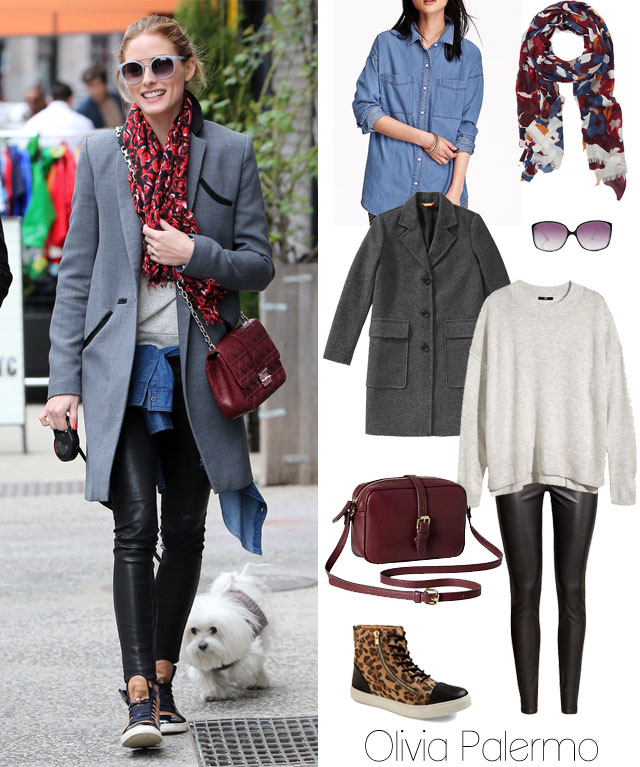 Olivia Palermo fashion style look for less featuring a gray coat, leather pants, maroon accessories