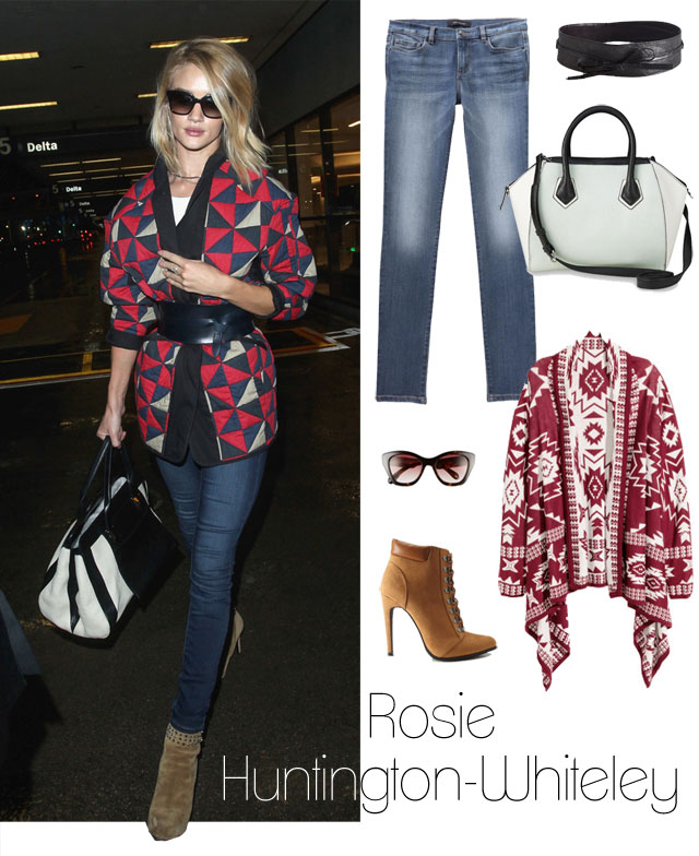 Rosie Huntington-Whiteley's geo print cardigan coat and ankle boots outfit