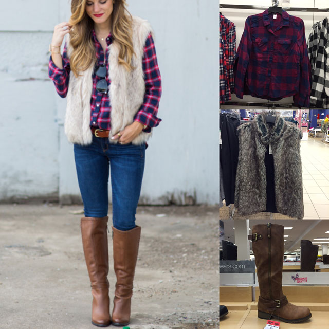 Fashion blogger Brighton Keller's fall outfit idea featuring plaid shirt, faux fur vest and tall boots look for less
