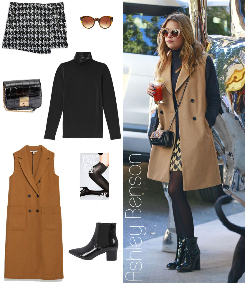 Ashley Benson's sleeveless trench and houndstooth skirt look