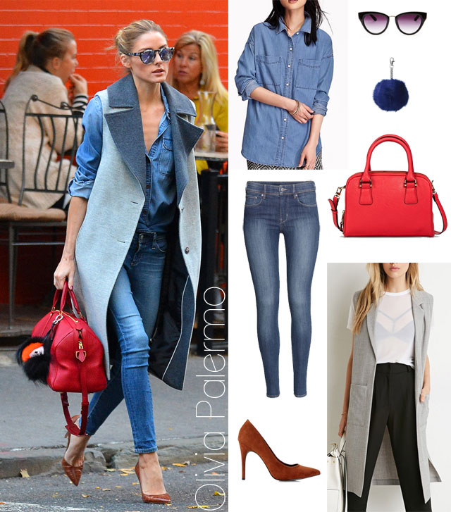 Olivia Palermo's double denim and longline vest look for less